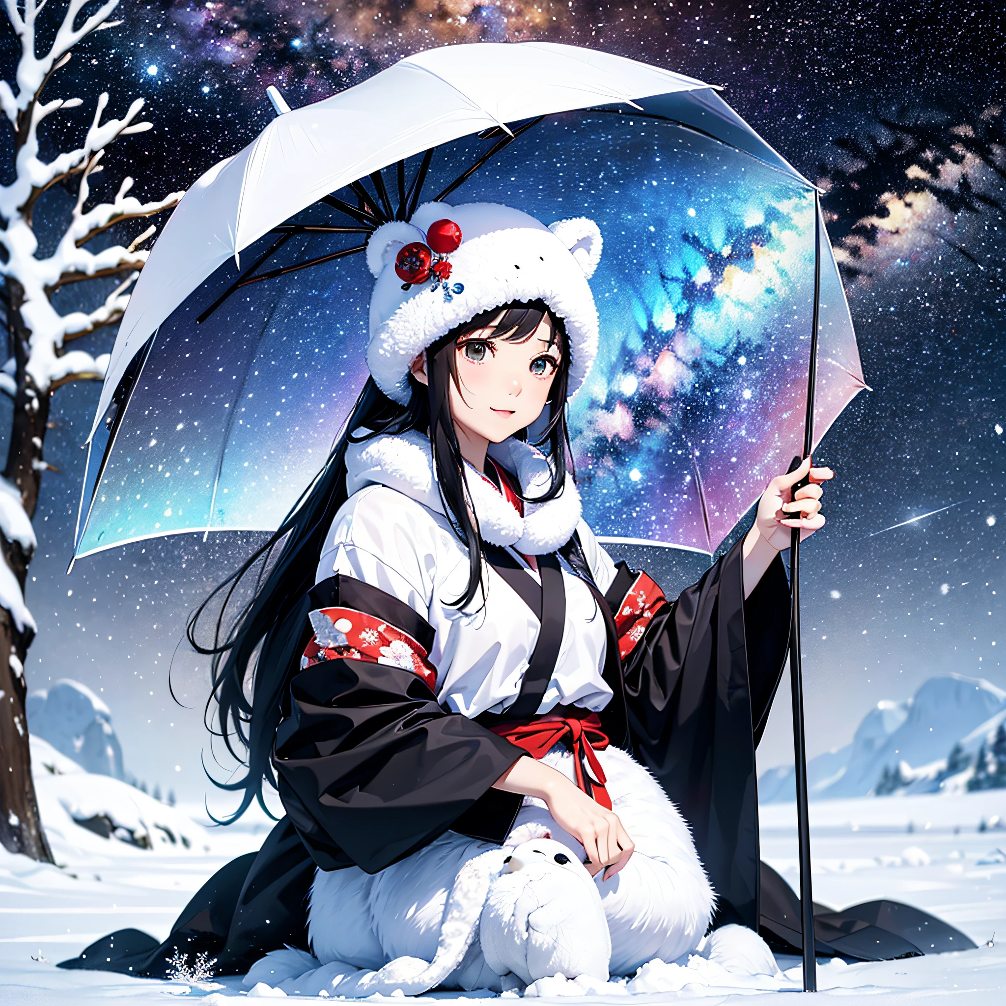 Arctic Circle、drift ice、1with animal1a person、Beautiful snow woman talking on drift ice with white bear with long black hair and snowflake shaped hair ornament、Red Japanese umbrella、White Japanese Clothing、penguin、White Nights、Aurora、Stars of the Galaxy々、milkyway、masterpiece、realisitic。Photorealsitic