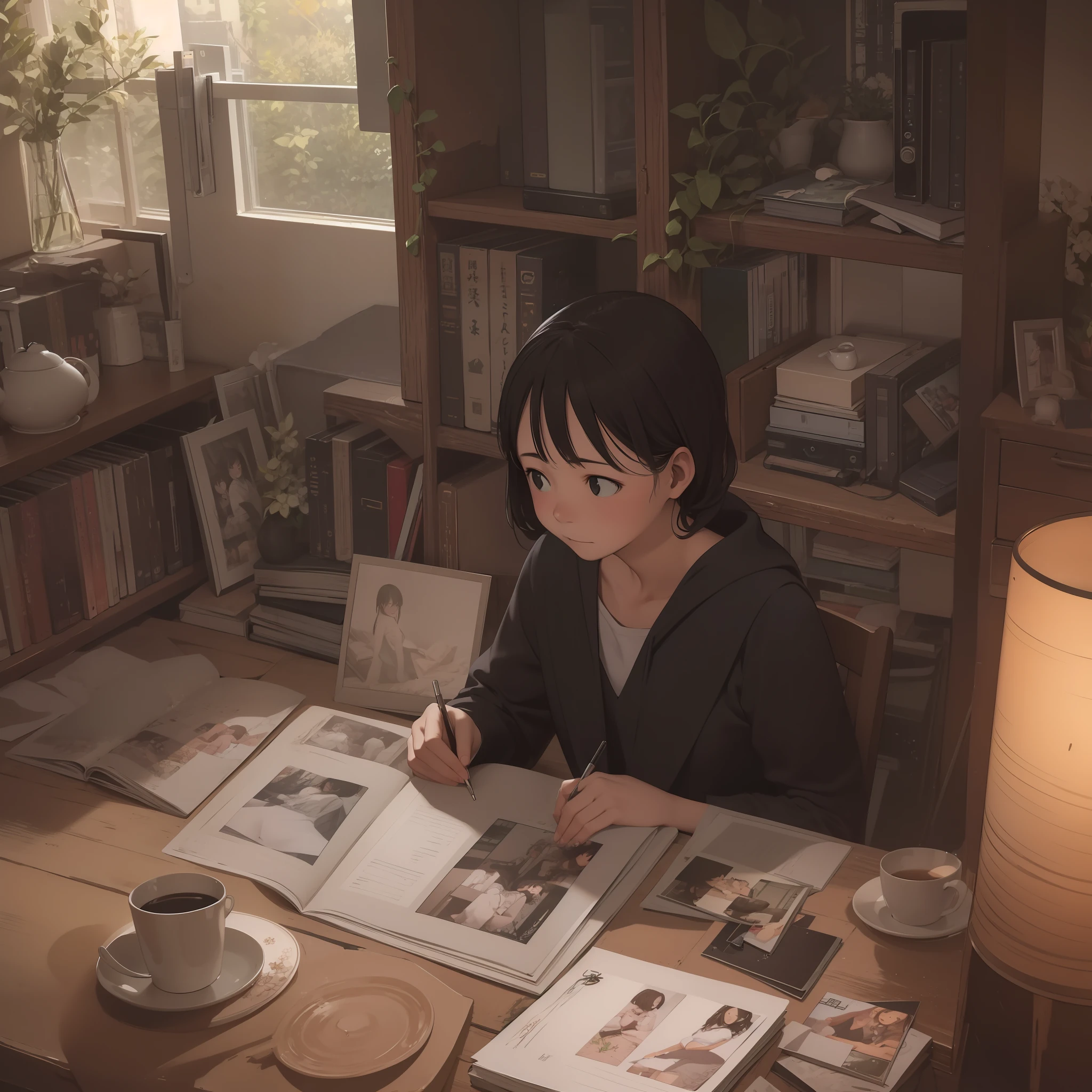 top-quality、masutepiece、Looking at photos of nostalgic memories
A woman is unfolding an album and looking back at the photos。Retro furniture lined up、Soft light envelops the room。The camera is diagonally behind her.、Draw her feelings immersed in memories as if they are close to each other。