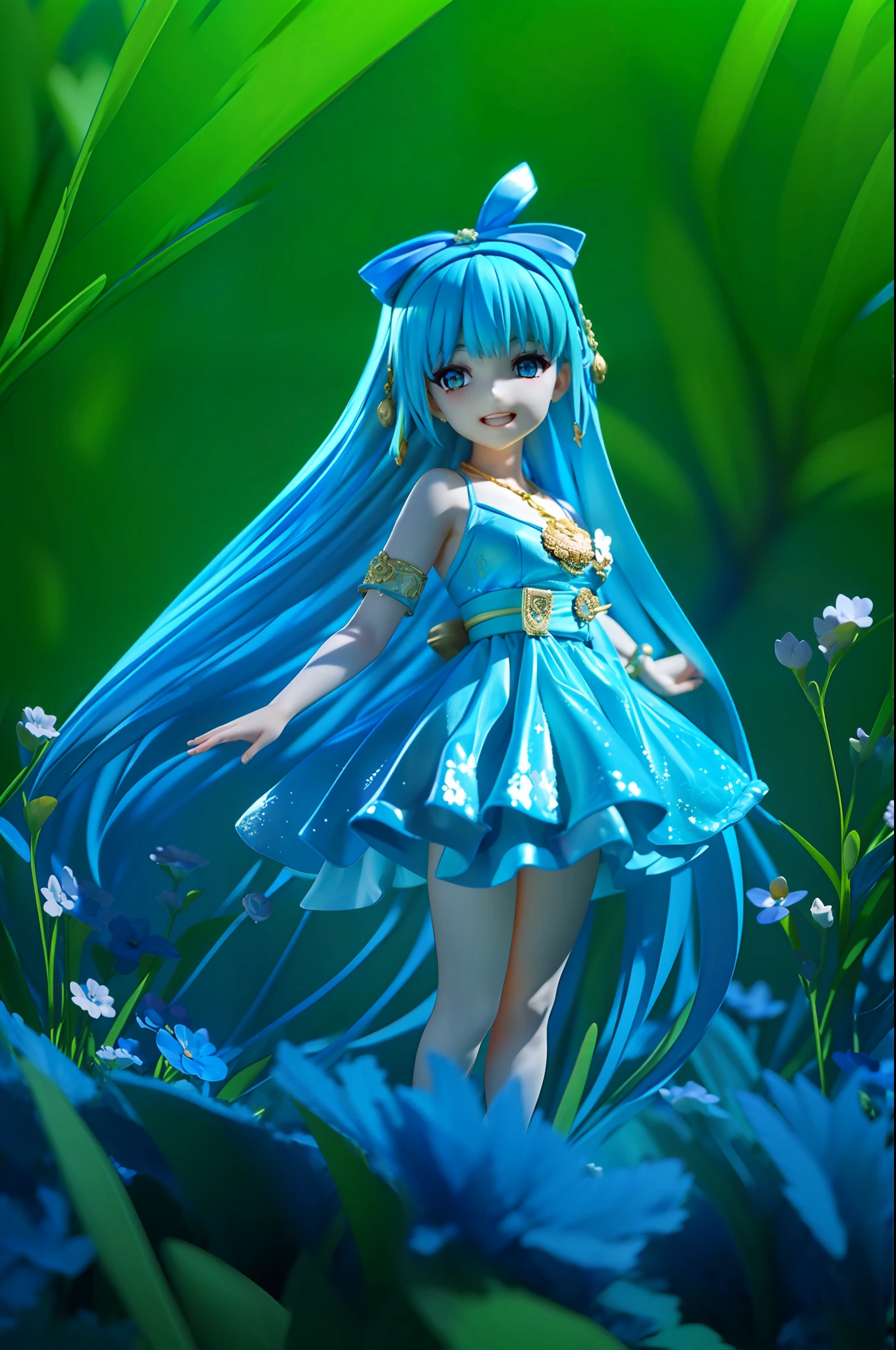 Style-PotionMagic-2000, masterpiece character concept art, best quality, a beautiful woman with glowing symmetrical fairy wings in a mystical lagoon with high vegetation at night, intricate blue (translucent:1.2) dress, hair bun, hair ribbon, rainbow hair, intricate mystical multicolor (air sparkles:1.2), smiling, laughing, looking at viewer, orange eyes, intricate jewelry at night, dark, low light, no natural lighting, air sparkle illumination Realism, 8K, absurdres, dramatic shadows, high contrast, depth of field, sharp focus, high resolution