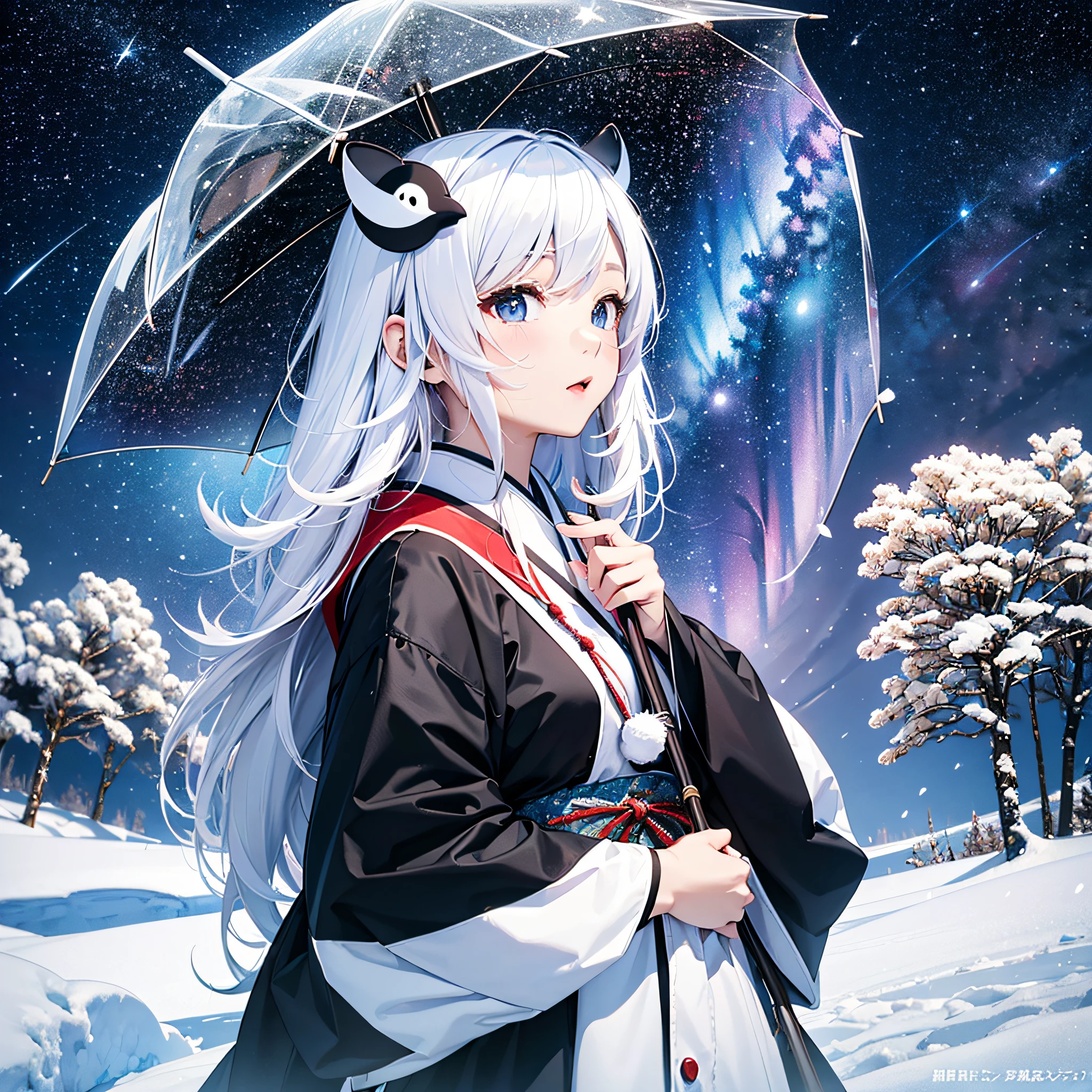 Arctic Circle、drift ice、１with animal１a person、Beautiful snow woman talking on drift ice with white bear with long black hair and snowflake shaped hair ornament、Red Japanese umbrella、White Japanese Clothing、penguin、White Nights、Aurora、Stars of the Galaxy々、milkyway、​masterpiece、realisitic。Photorealsitic