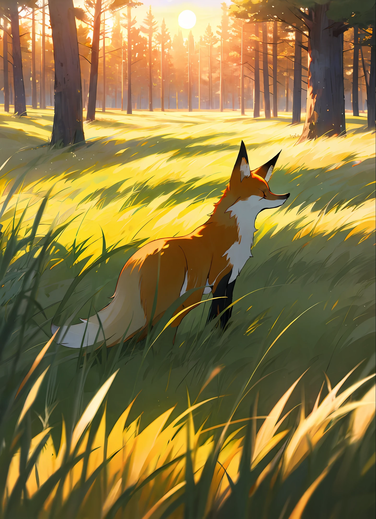 the setting sun,grass field,Forest,nine tail fox