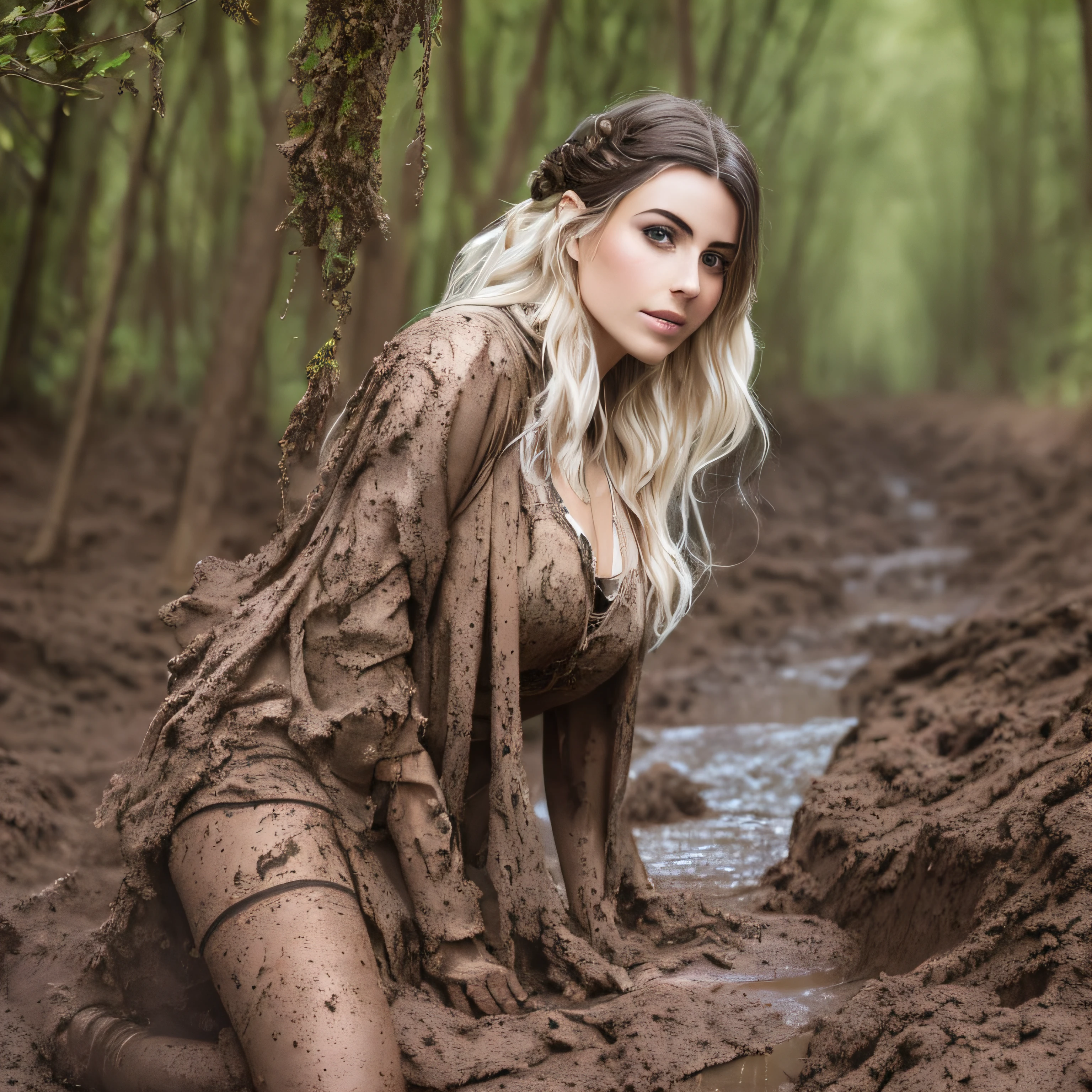 Hyperrealistische Fotografie, 2 Frauen stehen im Schlamm, Schlammspritzer im Gesicht, die Gesichter sind mit Schlamm verschmiert, 30-year-old women smeared with mud, Lena Meyer Landrut, long white gloves satin smeared with mud, short white prom gown smeared with mud White with Swarovski jewelry smeared with mud, Perlenkette mit Schlamm verschmiert, underbust corset weiß smeared with mud, ruffles, pointy pumps white high heels smeared with mud, Fishnet tights white smeared with mud, the entire body, schwarze lockige Haare mit Schlamm verschmiert, die Kleidung ist mit Schlamm verschmiert, High quality, realistische Beleuchtung, Bildmitte, Sanduhrproportionen, 8K, HDR, BDSM, medium breast size, lange Beine, professionelle Fotografie einer Frau, natural skin texture smeared with a lot of mud, 4K-Texturen, Adobe Lightroom, Fotolabor, HDR, kompliziert, elegant, sehr detailliert, scharfer Fokus, wahnsinnige Details, komplizierte Details, hyperdetailliert, Helles Kinolicht, Außenatmosphäre, Kinn hochgezogen, (exponierter Bauch: 1,8 ), (Fernaufnahme), dominanter Gesichtsausdruck