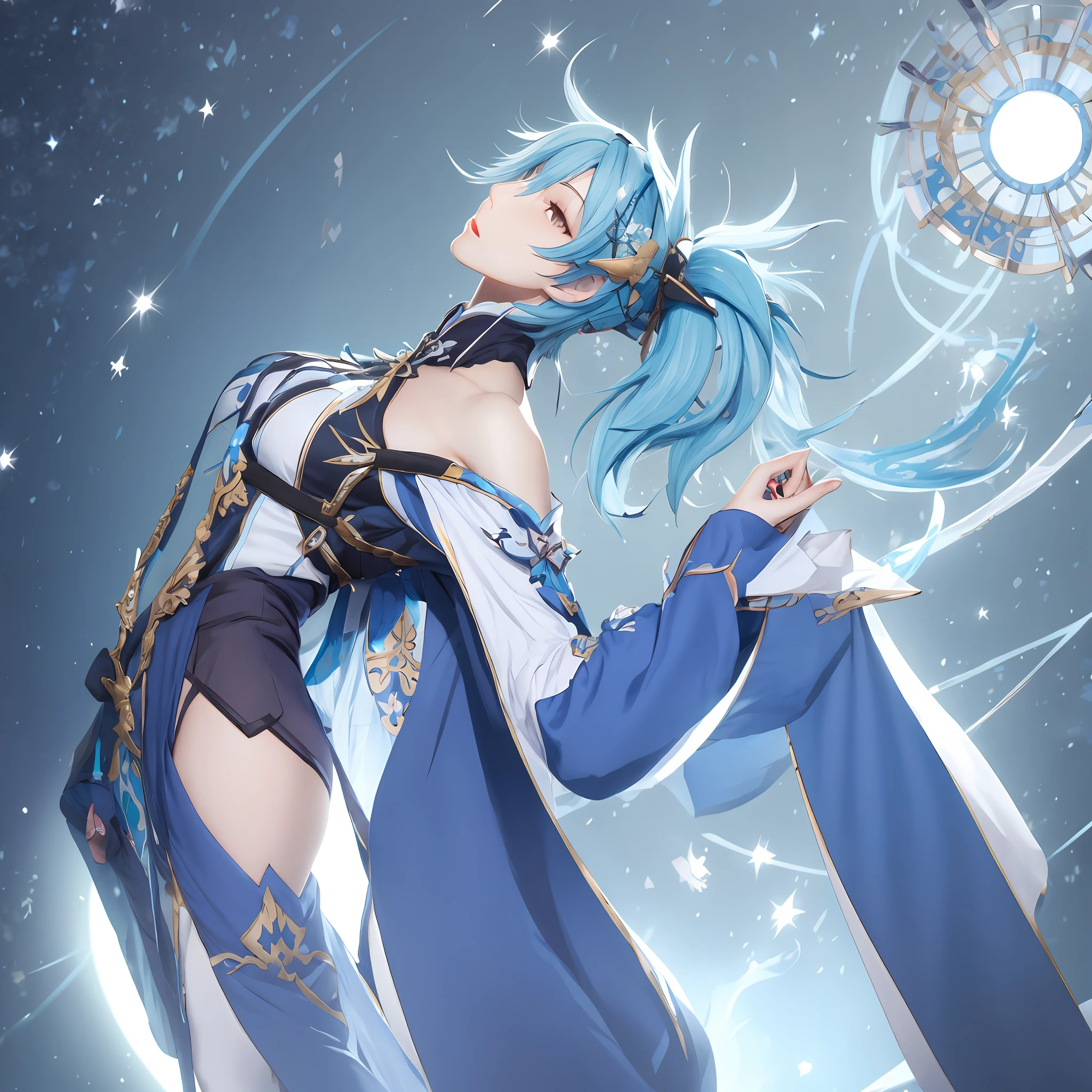 Female Blue Hair Shangxian Crumbs Quadratic Radiating Looking Up Blue Taoist Robe Bare Shoulder Q Moe