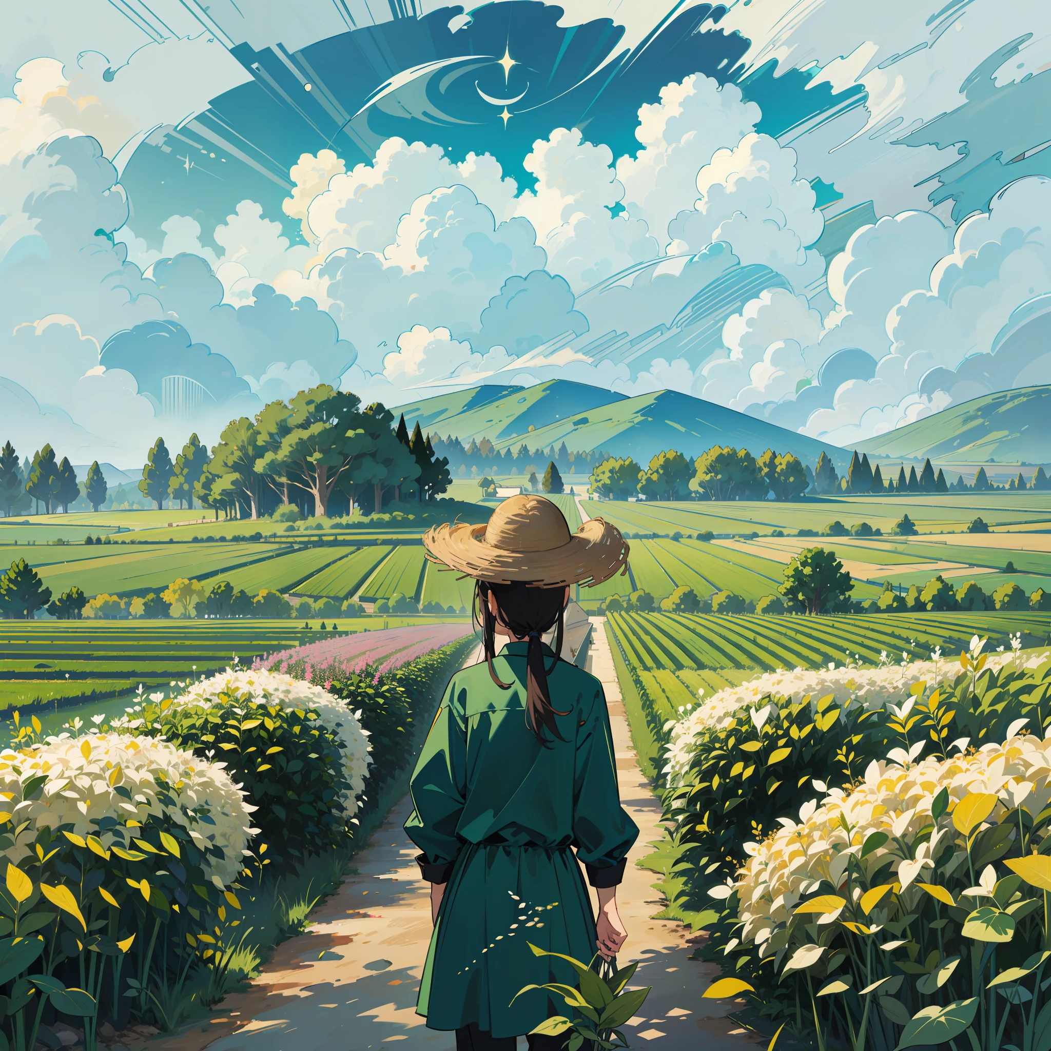 (One)Super delicate 8K wallpaper，Premium image quality，Born naturally,farms(Scenes),(Three farmers:1.2),Harvest in the changing seasons,1 person looking directly into the camera,Green rice paddies,livestock,Sky and clouds,Harmonious atmosphere.
