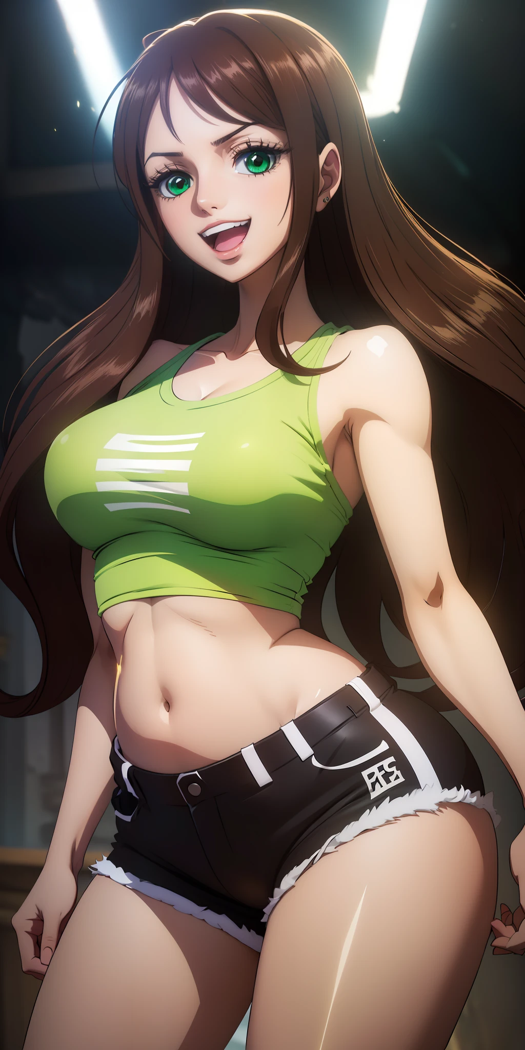 ((masterpiece)), ((best quality)), ((anime profile style)), ((HD 4k)), ((female character)), ((High school girl)), ((Body cute)) , girl, female face, Happy, smiling, open mouth, teeth showing, unkempt lips, ((black skin)), ((light green eyes)), Eyelid, Pupil, Sclera, Iris, eyebrow, eyelashes, ear , nose, ((long brown hair)), ((light effects on hair)), ((tight shirt)), ripped open short shorts, white sneakers, ((light effect on clothing)), ((effect body lights)), neck, Shoulders, (thin waist), ((perfect belly)), arms, ((thick legs)), ((big thigh)), background, environment details, surrounding objects, ((lighting)), viewer view
