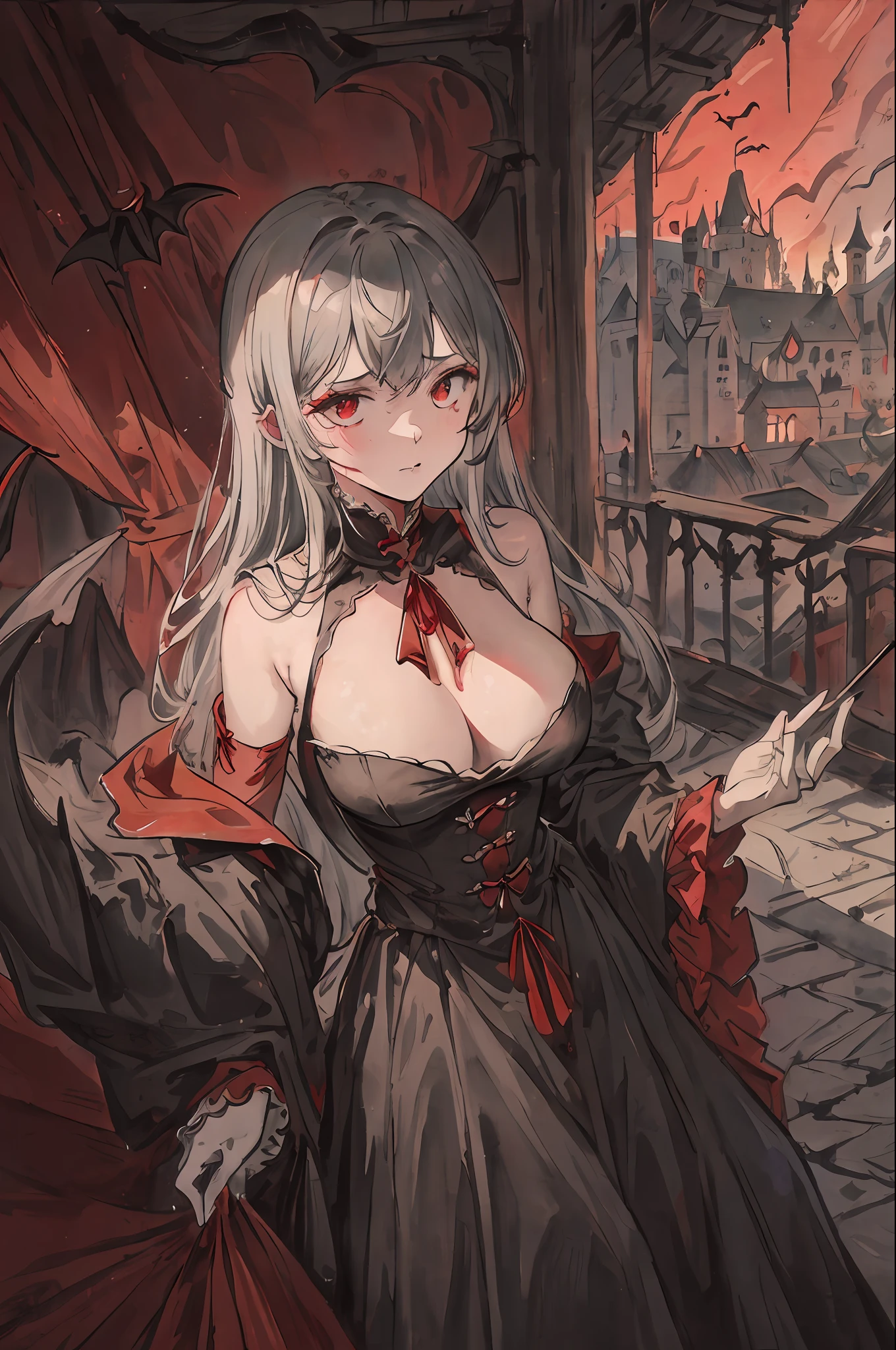 ((​masterpiece))、((top-quality))、((Official art))、8K、very detailed illustration、One girl、Gray hair、Long straight hair、Detailed eye、(Interior of the old castle 1.2)、The dim、(Gorgeous red and black gothic dress 1.2)、((Dracula's daughter))、((deadpan))、Fair skin、pure、Meek、bare shoulders​、Detailed photo book poses、white glove