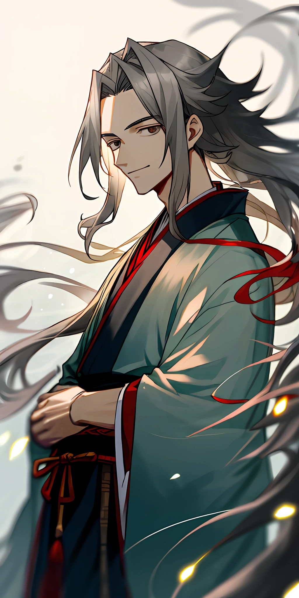 (tmasterpiece,best qualtiy),1 long gray-haired boy,ssmile,gentleness,warmly lit,Hanfu,Blurred foreground