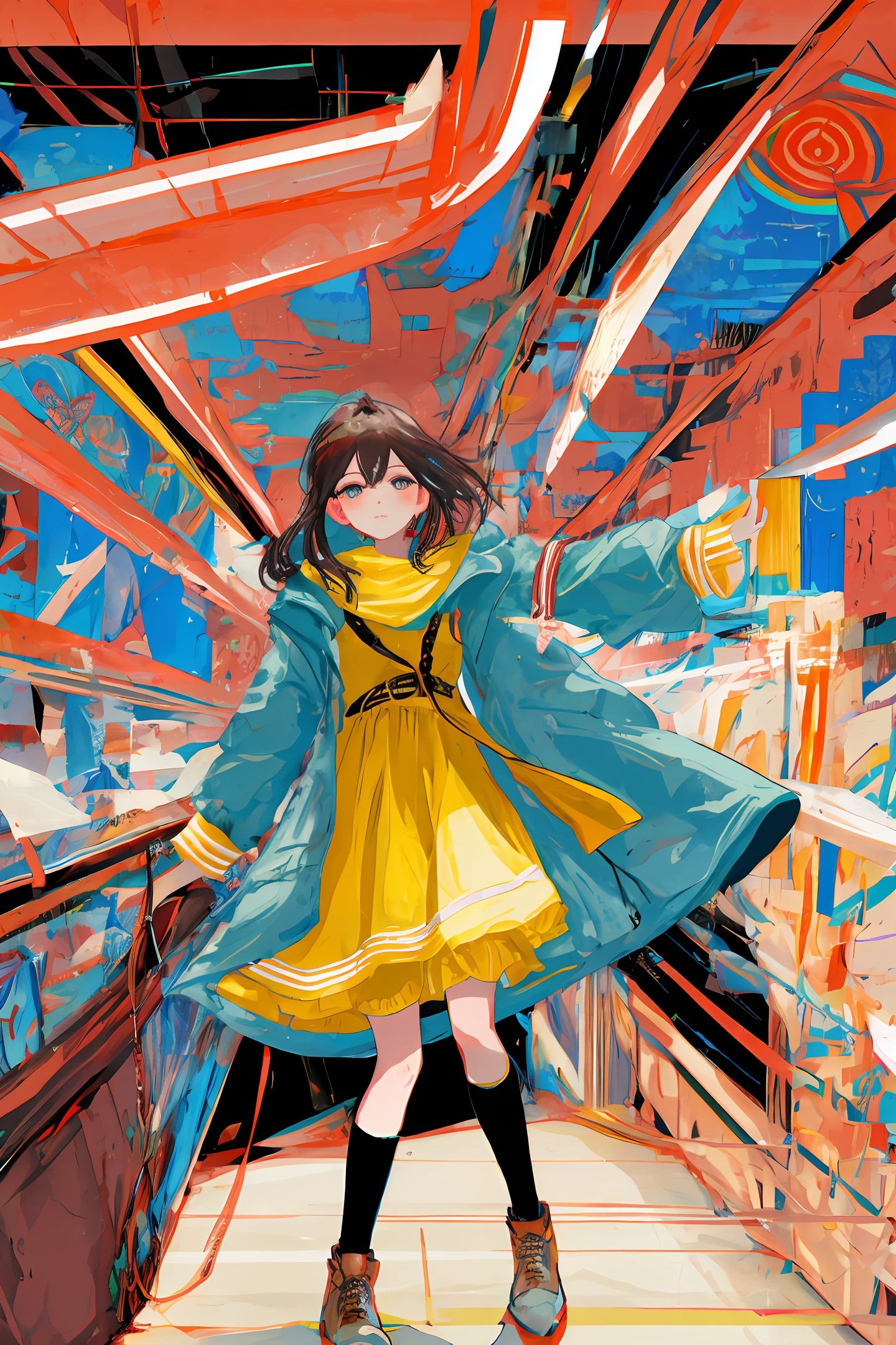 Long and wide cuffs cover the hands of the two-dimensional girl