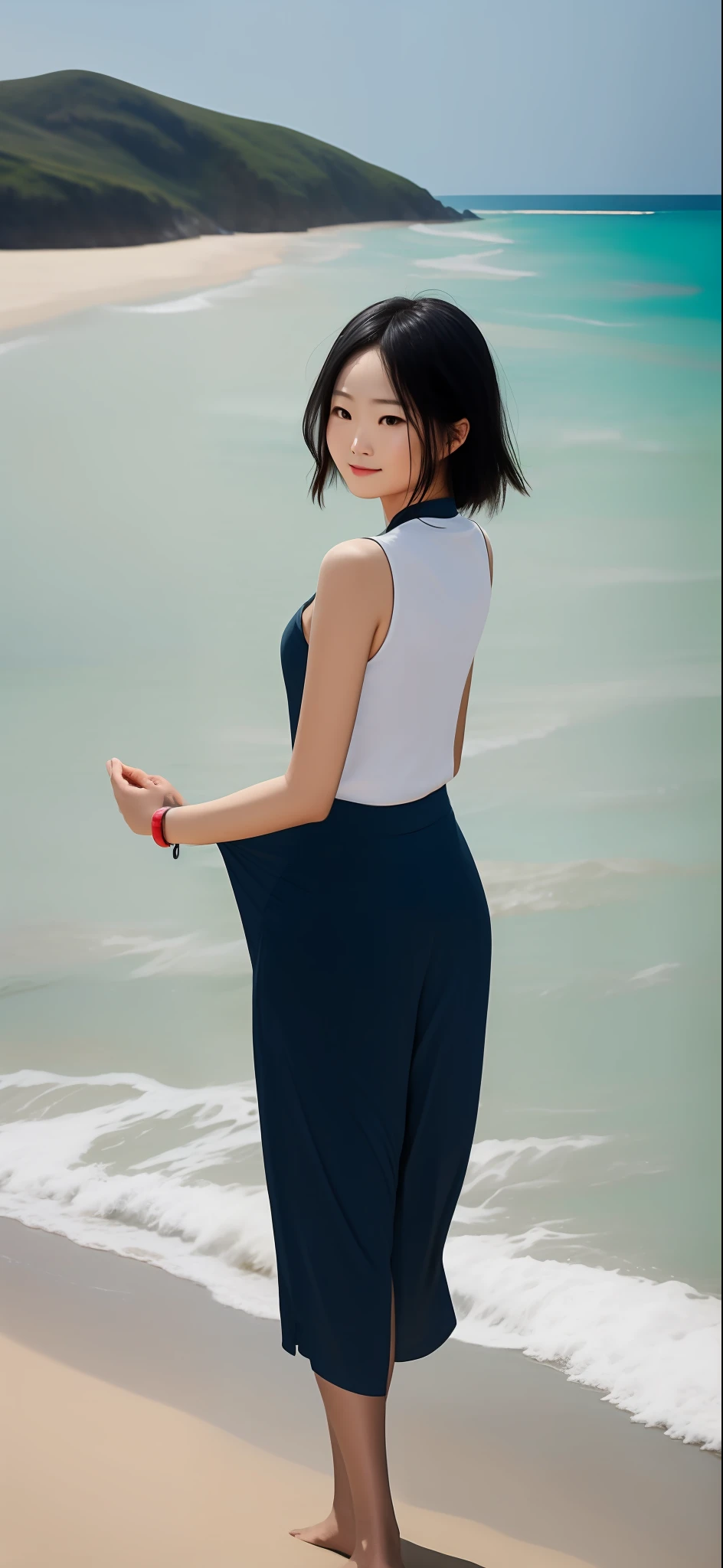 There was a woman standing on the beach with her hands up, posing on a beach with the ocean, standing at the beach, xintong chen, full-body xianxia, wave a hand at the camera, in the beach, stand on sand, on the beach, posing on the beach, wenfei ye, personal profile picture, beach pic, zmonzheng