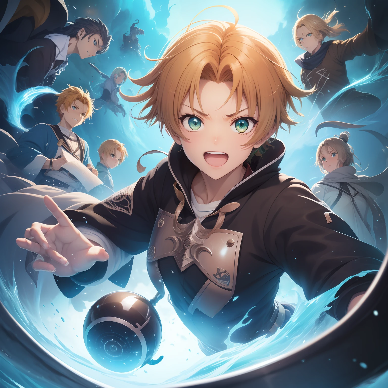(((Rudeus))),((Obra-prima do anime))), Concentrando Magia verde azul, vortex, particuls, (sentado), 1 garoto, ambiente de fantasia, (((rindo))), (lateral)