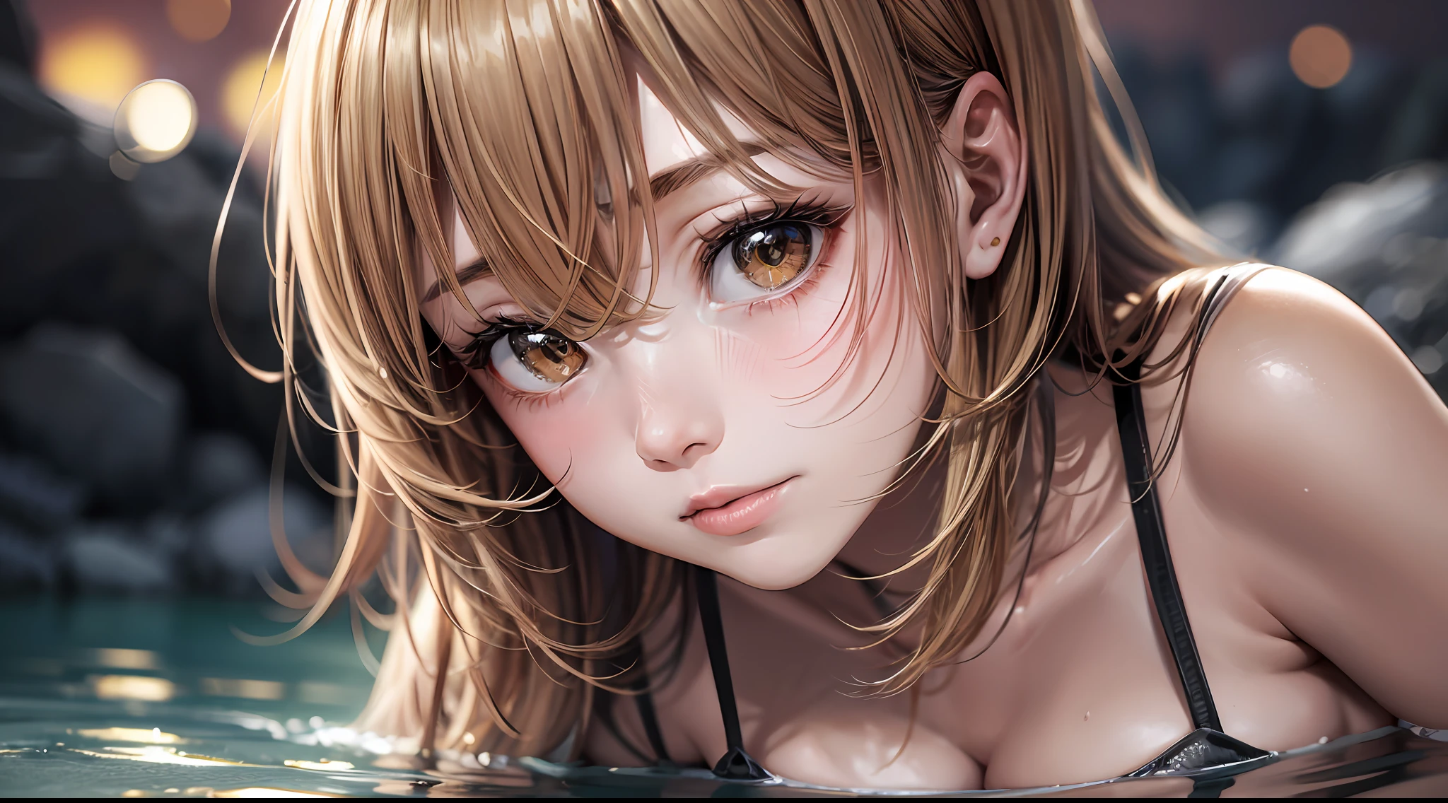 (A Certain Science Railgun、Misaka Mikoto)、((Naked and shoulder-deep in hot springs))、(Blonde medium hair)、Young、Cute、a beautifulchi girl、Perfect Style、Colossal tits、Emphasizes cleavage、deadpan、realisitic、Realistic、8k、ighly detailed、top-quality、Top image quality、超A high resolution、masterpiece、one girls、(The background is a hot spring)、