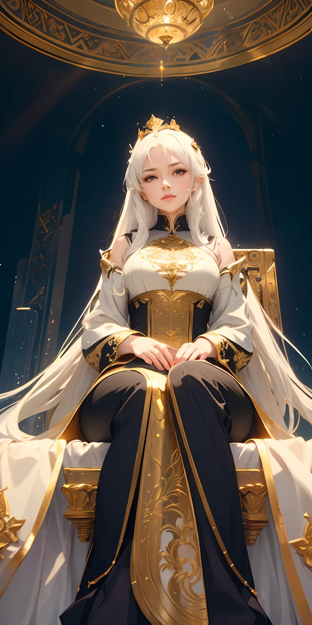Anime - Stylistic image of a woman in a white dress sitting on a golden throne, white-haired god, sitting in a gilded throne, ((a beautiful fantasy empress)), Guweiz in Pixiv ArtStation, Portrait Chevaliers du Zodiaque Fille, sitting on her throne, Guviz, Guweiz on ArtStation Pixiv, sitting on intricate throne