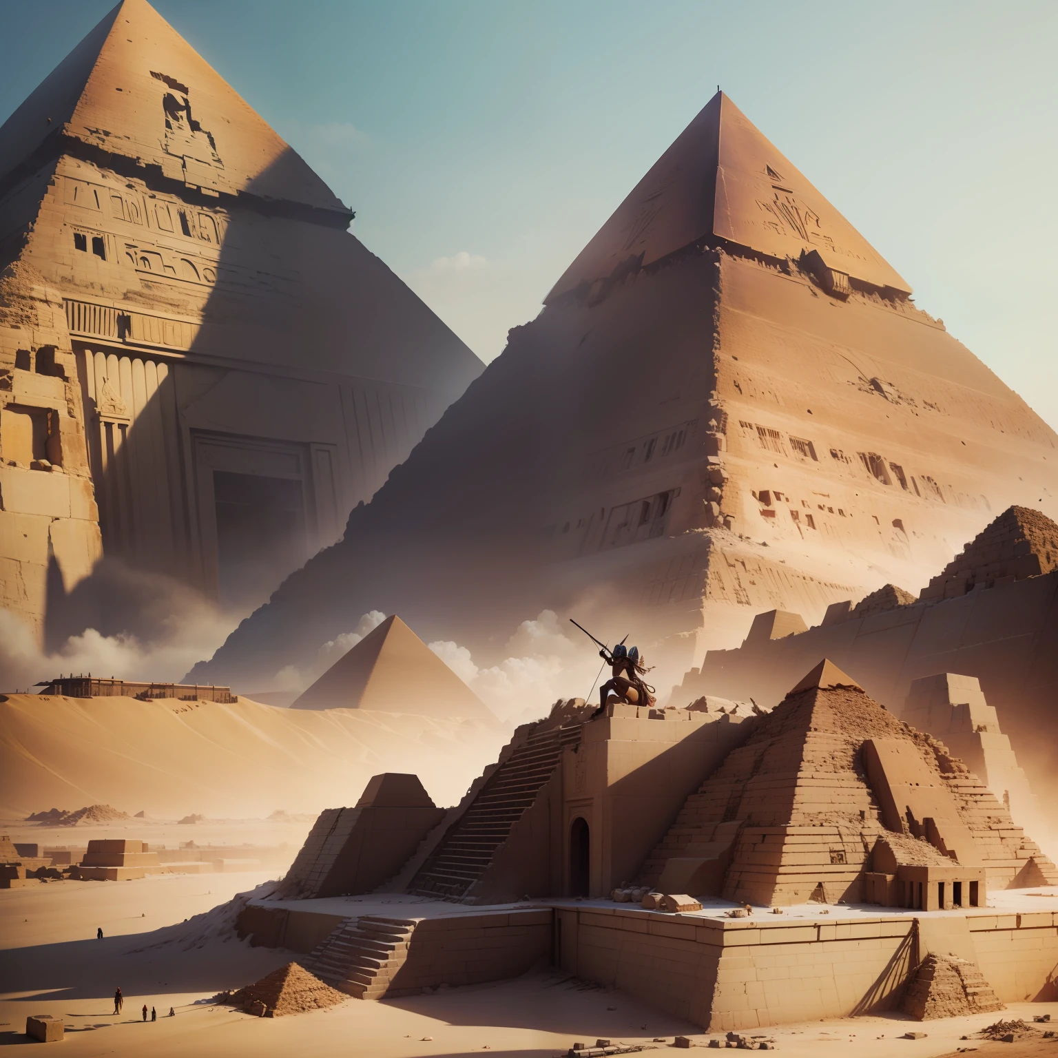 A giant monster man, the Egyptian pyramids, construction and demolition