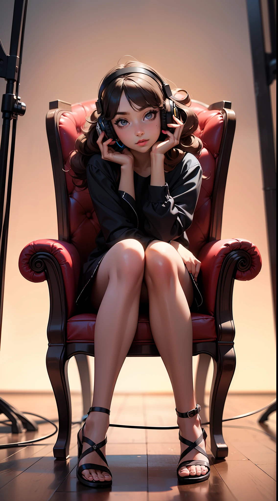 (masterpiece: 1.2), (best quality: 1.2), ultra-detailed, soft light, night light, perfect lighting, photo shoot, perfect eyes, perfect face, (depth of field), 1girl, dark skinned, ( ((full body ))), silhouette, perfect female form, ((perfect face, detailed face, glossy lips, eyeliner )), (((long, curly hair))), (student outfit, sandal), (mixtape : 1.4), (headphones), (sitting in a chair)