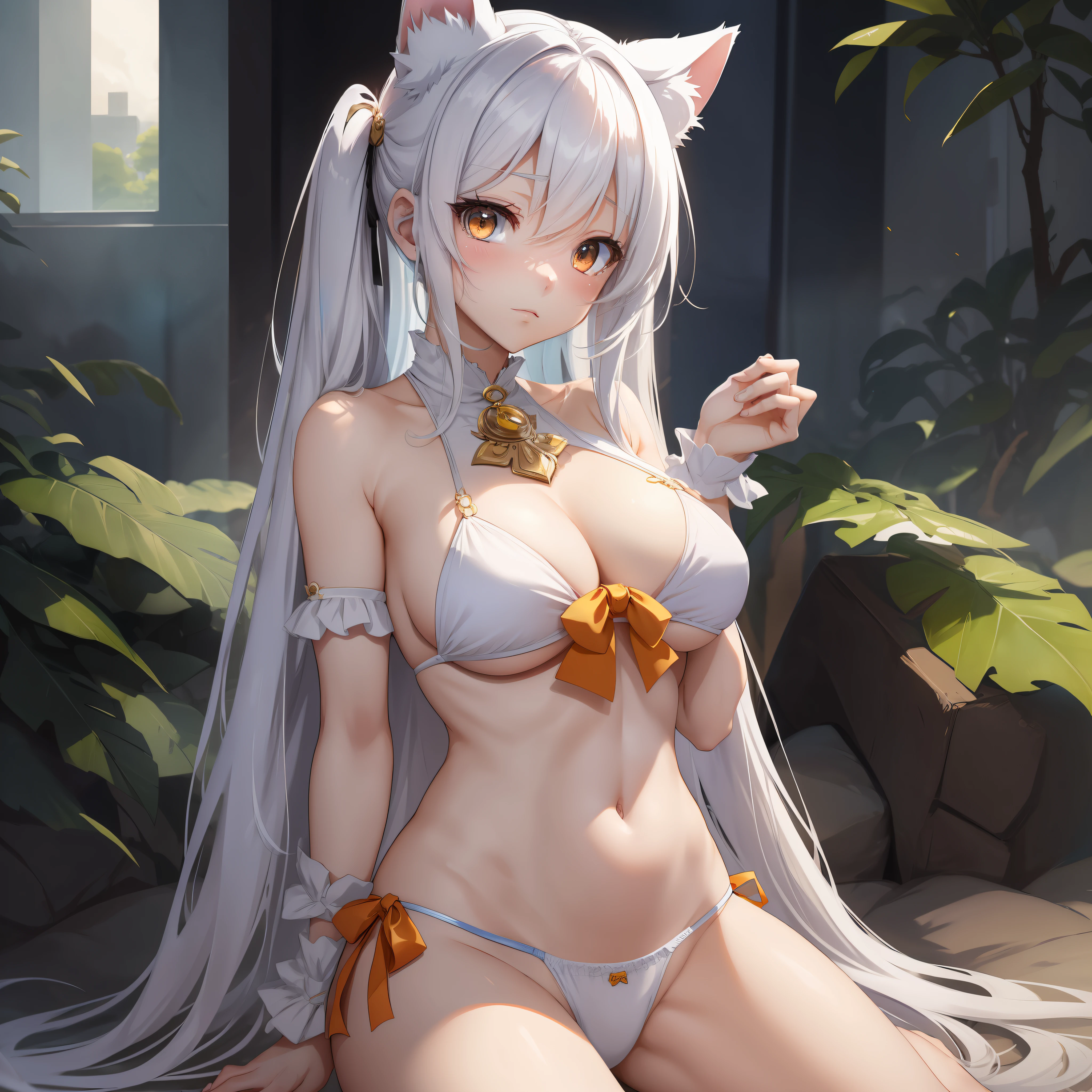 (style of anime+Need),Ultra skirt+quadratic element,adolable+sprout+Lori huge breasts cleavage,white skinned+long whitr hair+blue color eyes,full bodyesbian+Side Body+Turn your head and turn your face,Beast Girl+beast ear,Anterior convex and posterior,no clothes are worn,is shy,solo person,Brace your hands on the ground,Kneeling on both knees,nakeness,nakeness,nakeness,Female genital exposure,Bigchest,Small man's waist,Pussy efflusion,Wrumble,Wear only white underwear and panties,Cat lady --auto