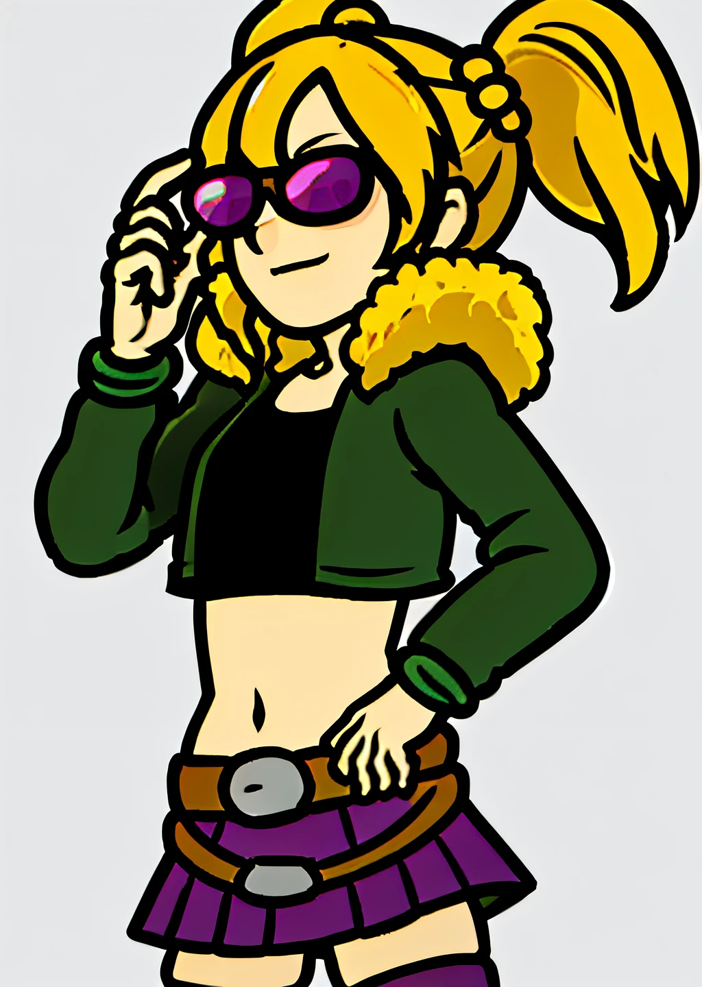 rhythm_heaven, zetadark, twintails, sunglasses, eyewear on head, fur trim, jacket, crop top, pleated skirt, thighhighs, belt, midriff