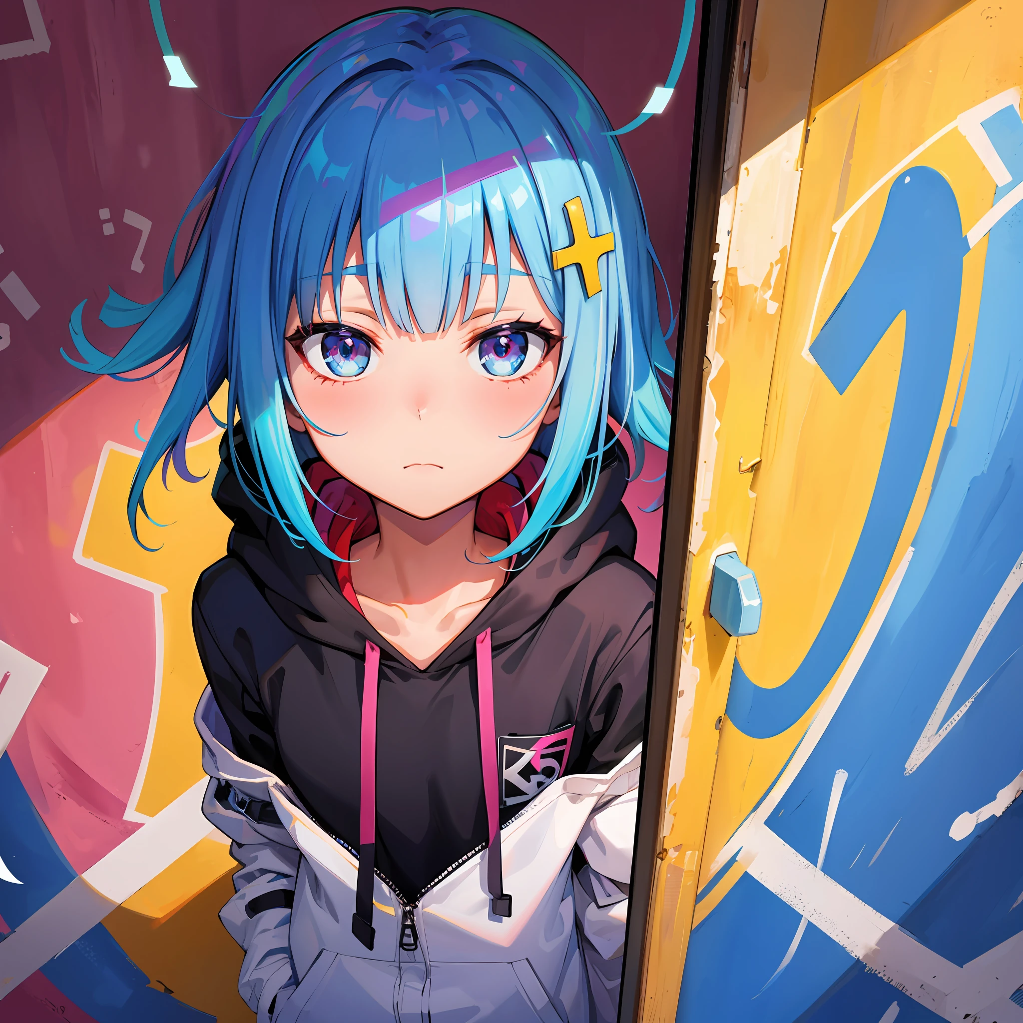 master masterpiece,high qualitt,great resolution,absurdress,super fine,8k,1boy,White gold gray hair,Blue Hair,Colorful hair,Gradient hair,Looking at the viewer,colorful eyes,Colorful hoodies,(Graffiti mural background wall:1.15),Wonderful painting,Bloom,portrait,Cross hair ornaments,closed Mouth,Pockets,Against the Wall,hair bangs,Ombre,reflection