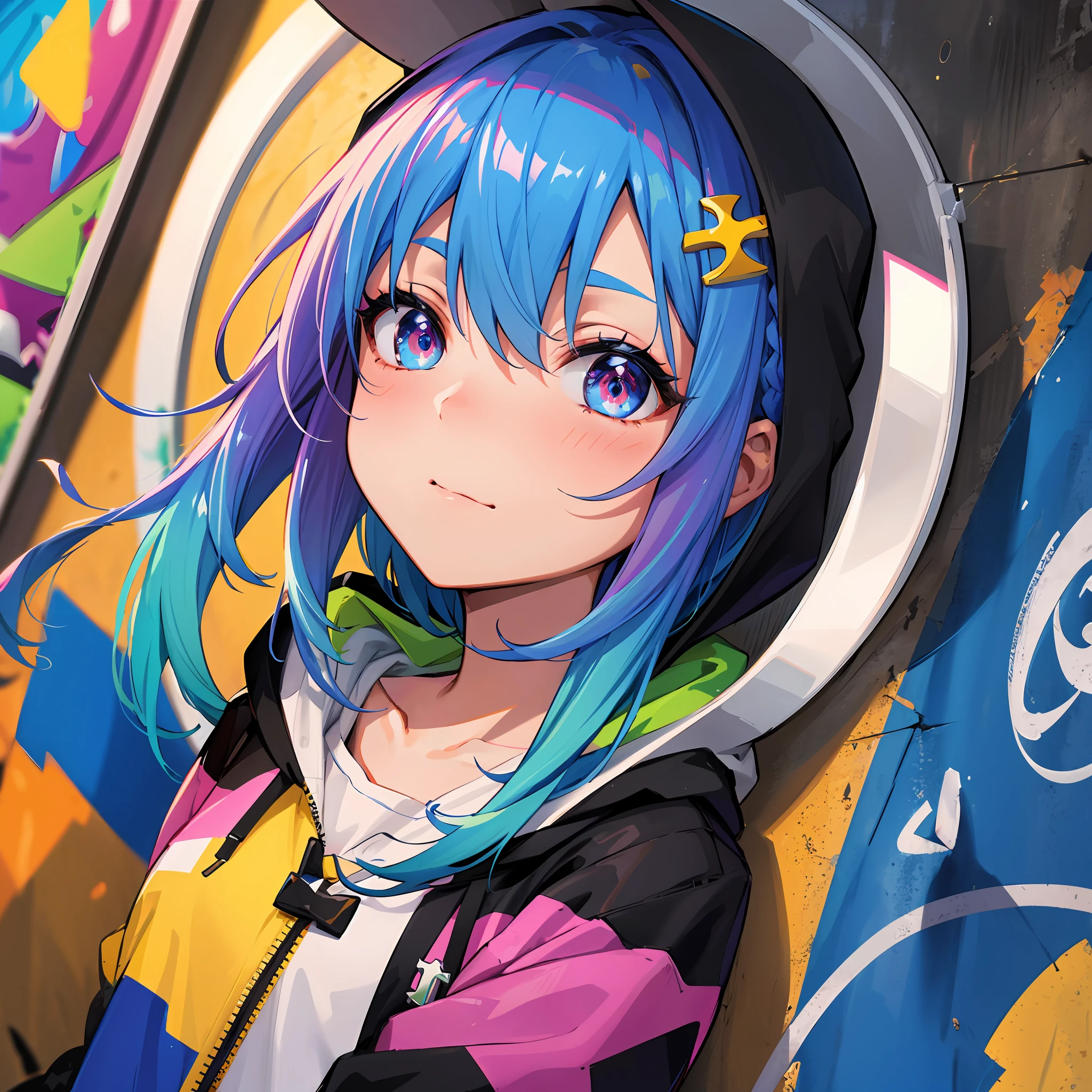 master masterpiece，high qualitt，great resolution，absurdress，super fine，8k，1boy，White gold gray hair，Blue Hair，Colorful hair，Gradient hair，Looking at the viewer，colorful eyes，Colorful hoodies，（Graffiti mural background wall：1.15），Wonderful painting，Bloom，portrait，Cross hair ornaments，closed Mouth，Pockets，Against the Wall，hair bangs，Ombre，reflection