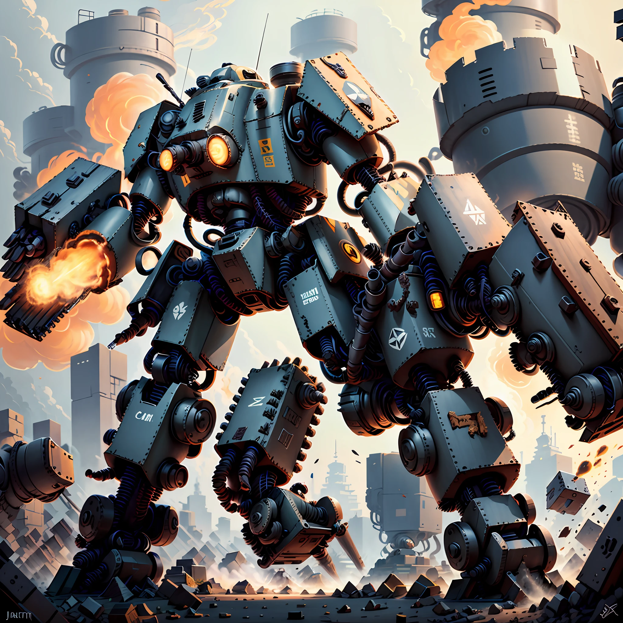 there is a robot that is standing in front of a building, battlemech, battlemech, comic book style battlemech, giant mecha, war mechs fighting, giant robot mech, army of big robots, Alexander Ferra Mecha, Machinary, tremendous mecha robot, anime large mecha robot, mech robot futuristic, mech machines firing bullets, mecha art