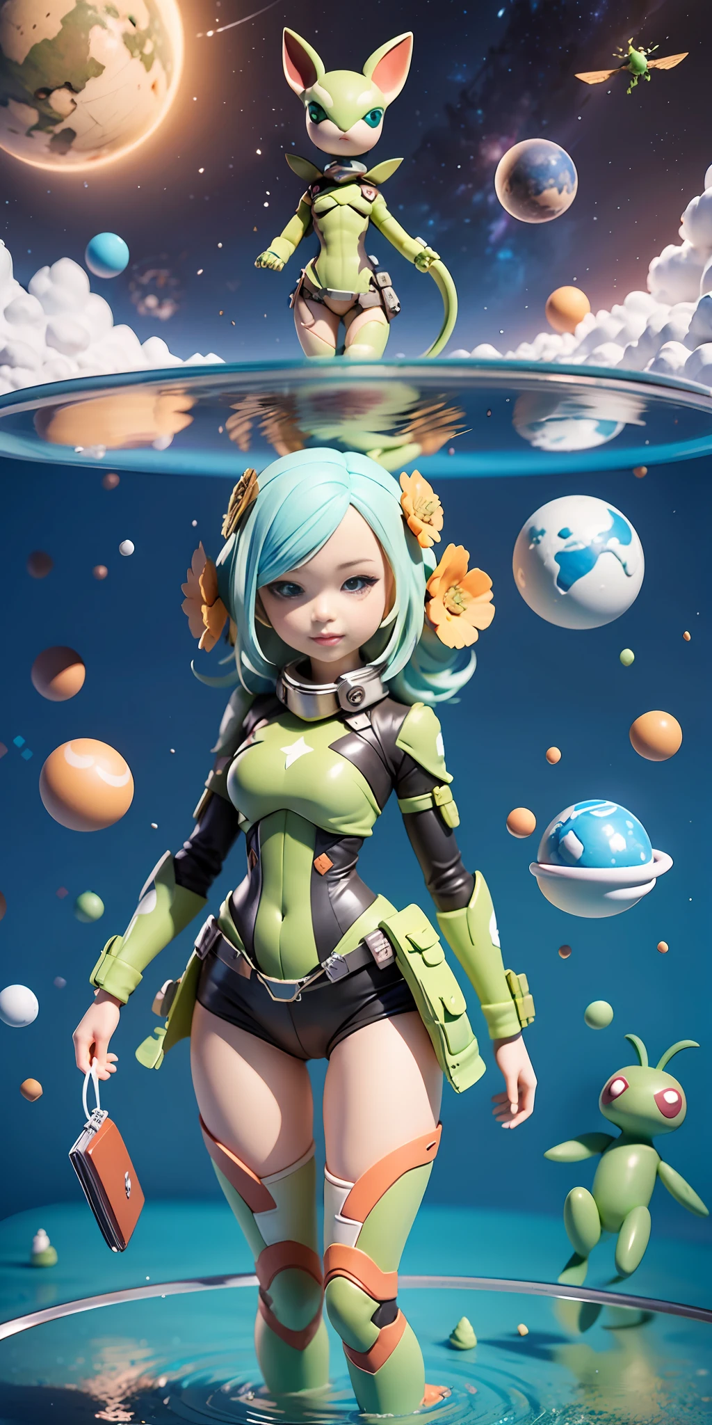 Ridiculous resolution, A high resolution, (巨作:1.4), ultra - detailed, Super cute girl full body 3D drawing,adolable,Poppy blind box,guardians of the galaxy, mantis,look from down, comical,the space, afloat,magia,earth in the sky,Blue Planet --v 6