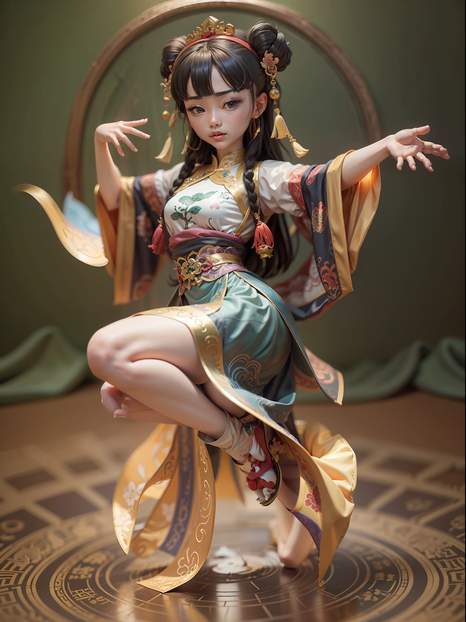 Childish beautiful girl，Dumb cute，Dance，（Big eyes），Small mouth，long whitr hair，looking at me，（Chinese-style clothing，Meticulous portrayal），Palm dancer Zhao Feiyan，A small pet，Figures，blindbox，（Disney style），high qulity，high detal，（super-fine），16K resolution，（Macro lens），（（Works of masters）），（（Full body like）），（Figure Model Basics），（Ray traching），Blue, White and green predominate