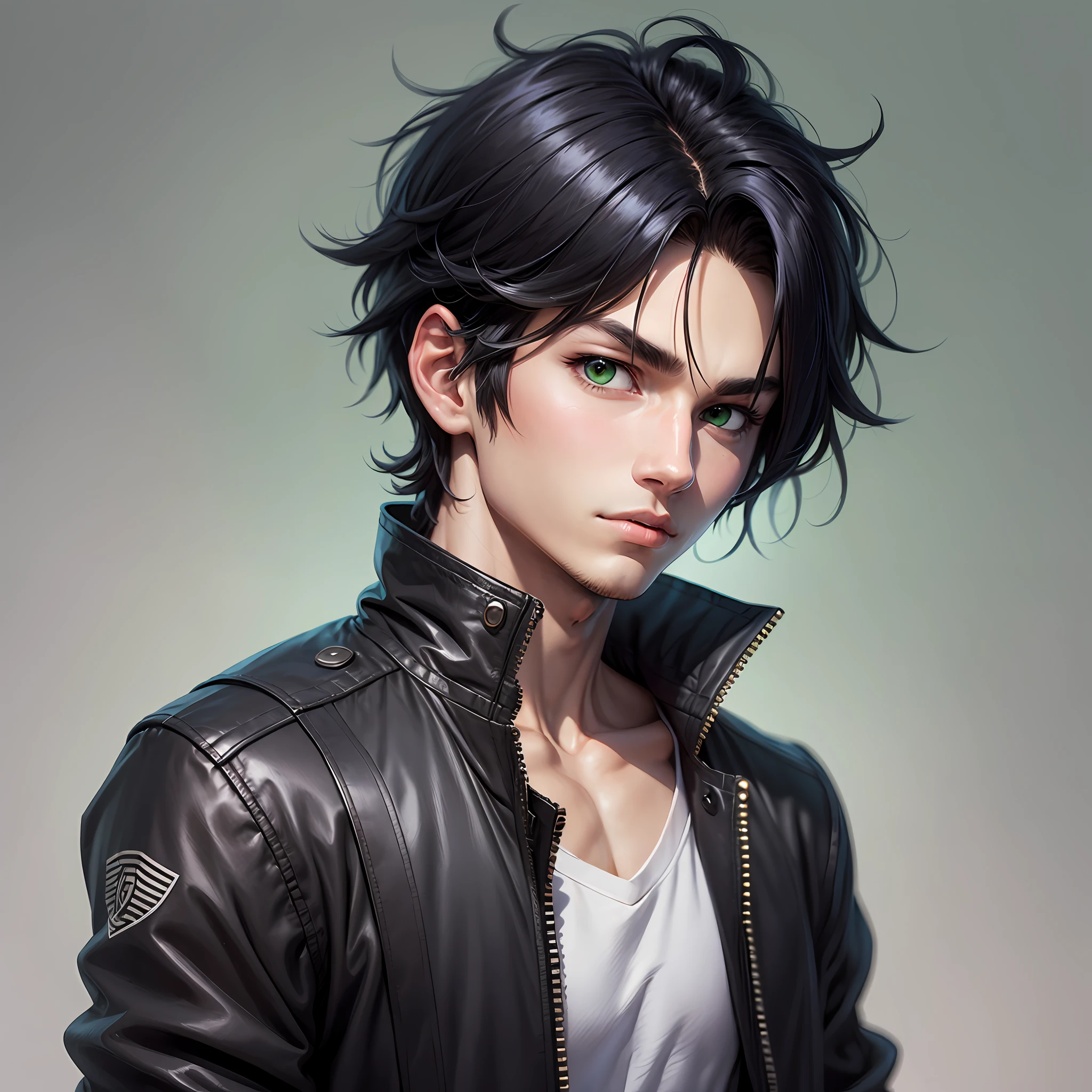 anime, male character, young, short black hair, green eyes, wearing a black jacket and a white shirt --auto --s2