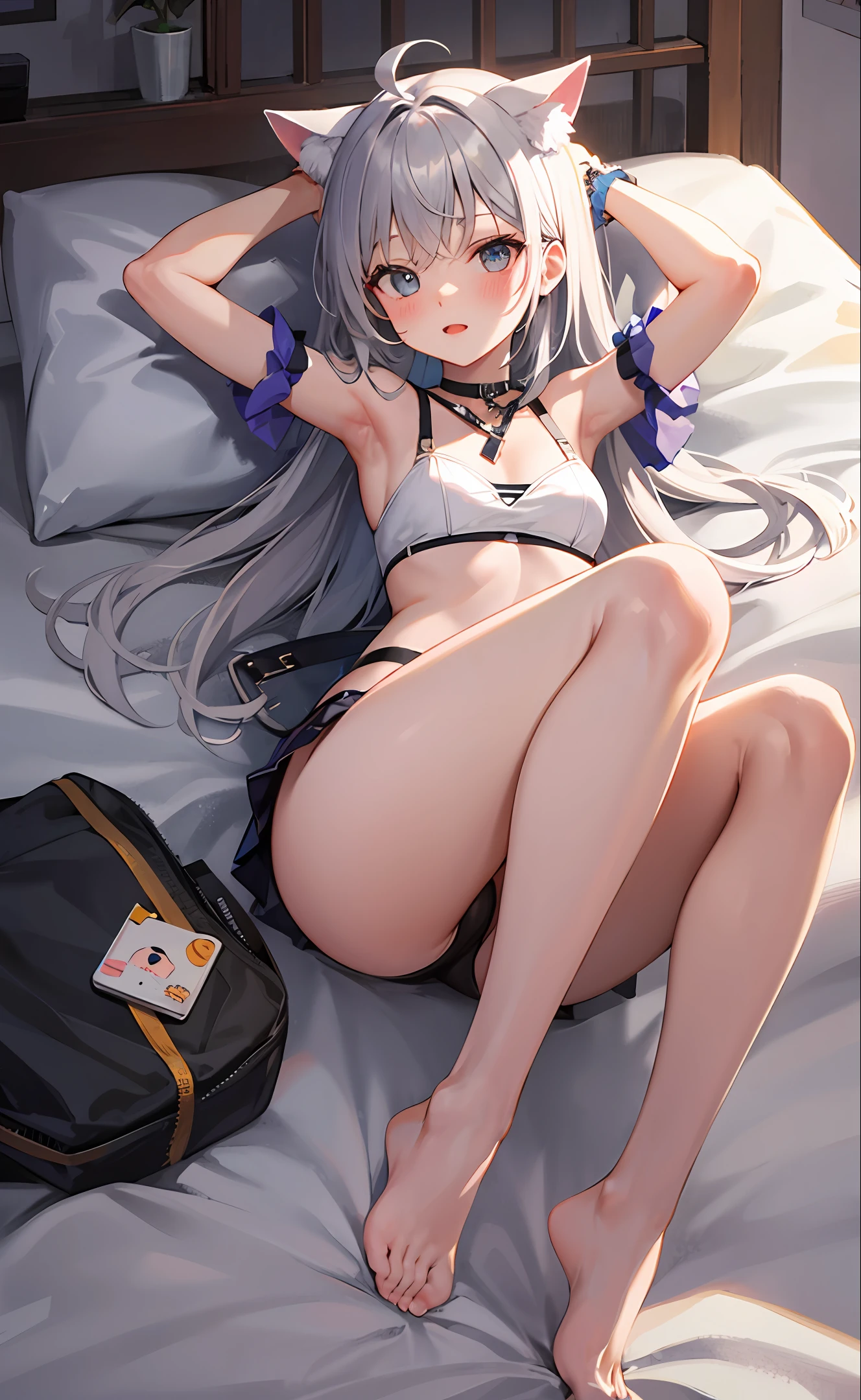 Anime shoujo cat ears gray hair bare legs