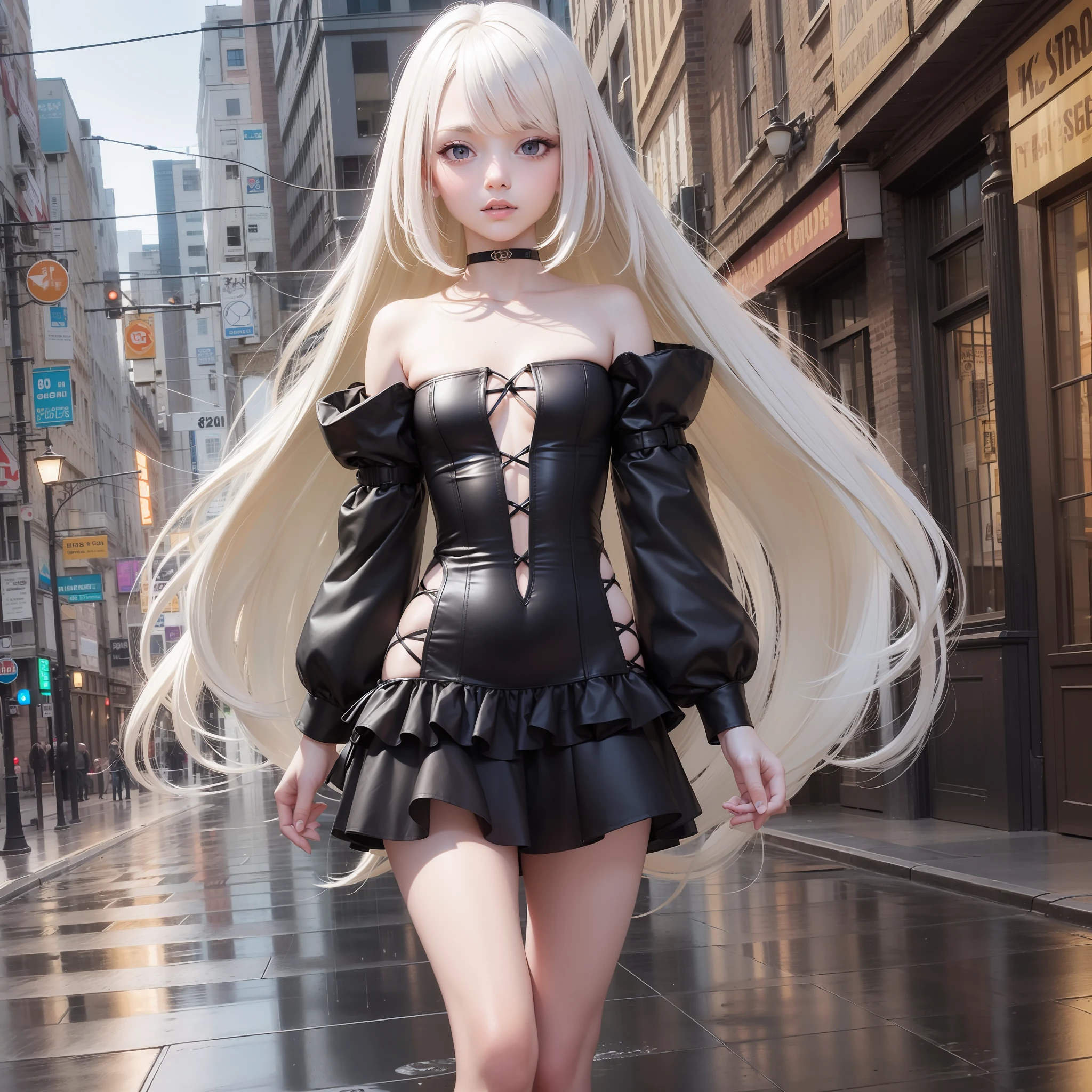 ((Best Quality, 8k, Masterpiece: 1.3)), Focus: 1.2, Perfect Body Beauty: 1.4, Buttocks: 1.2, ((Layered Haircut, Flat Chest: 1.2)), (Rain, Street:1.3), Bandeau Dress: 1.1, Highly Detailed Face and Skin Texture, Fine Eyes, Double Eyelids, Whitened Skin, Long Hair, (Shut Up: 1.3), Full Body