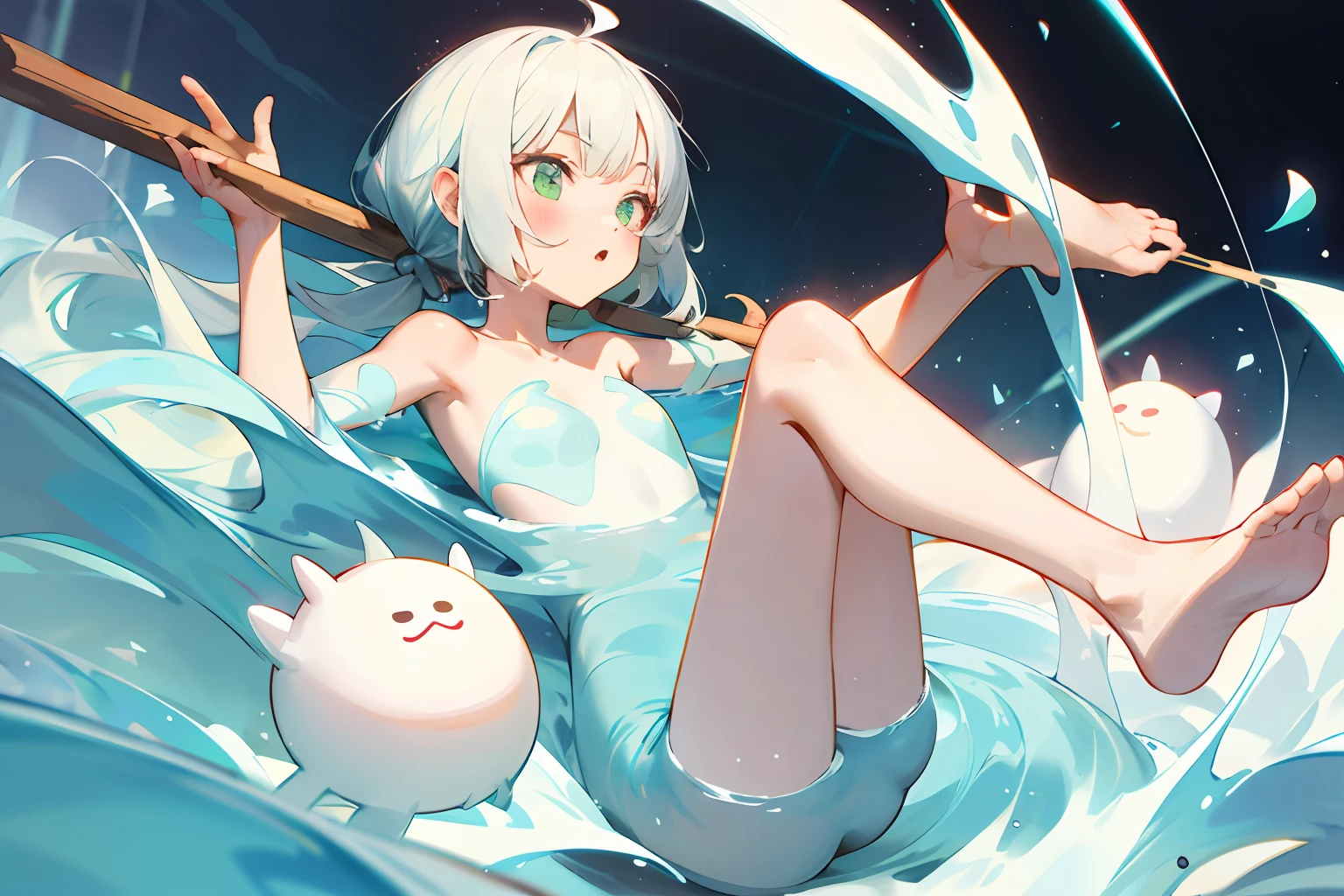 A naked loli sticks out her feet flowing with white pulp