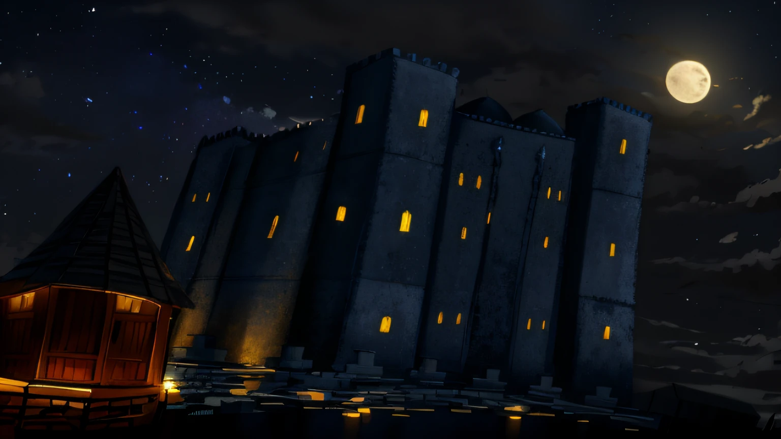 Ancient military strongholds at night,bastion,Night with moon,The windows reflect the light,