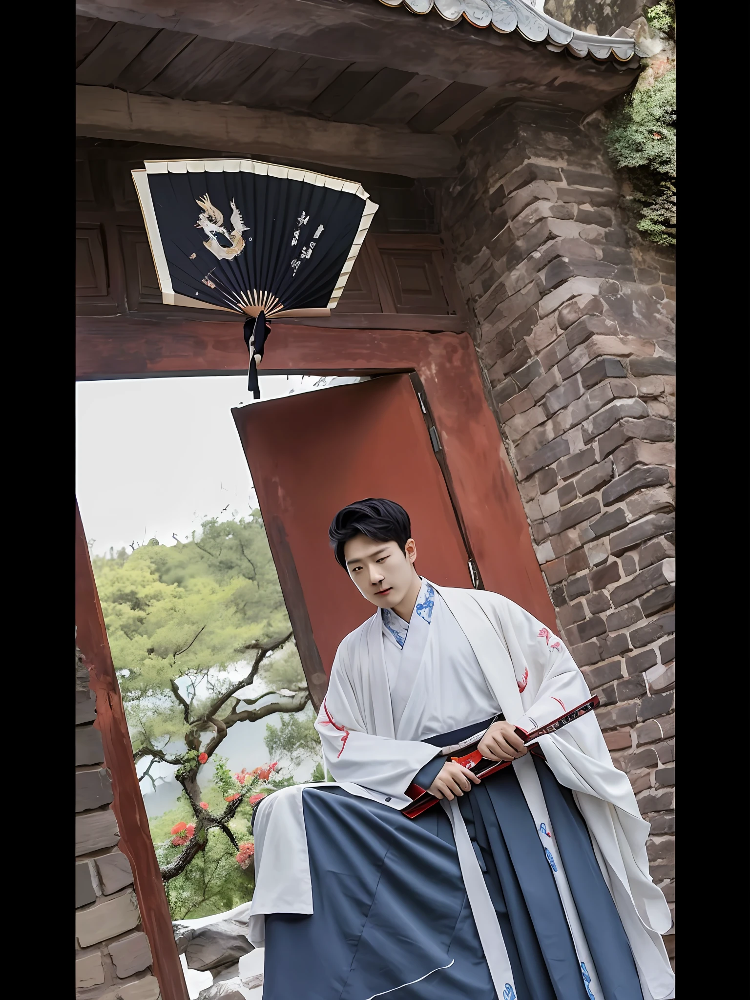 A man in traditional clothing holds a fan in front of the door, with acient chinese clothes, Wearing ancient Chinese clothes, White Hanfu,cool guy,Majestic,Chinese style