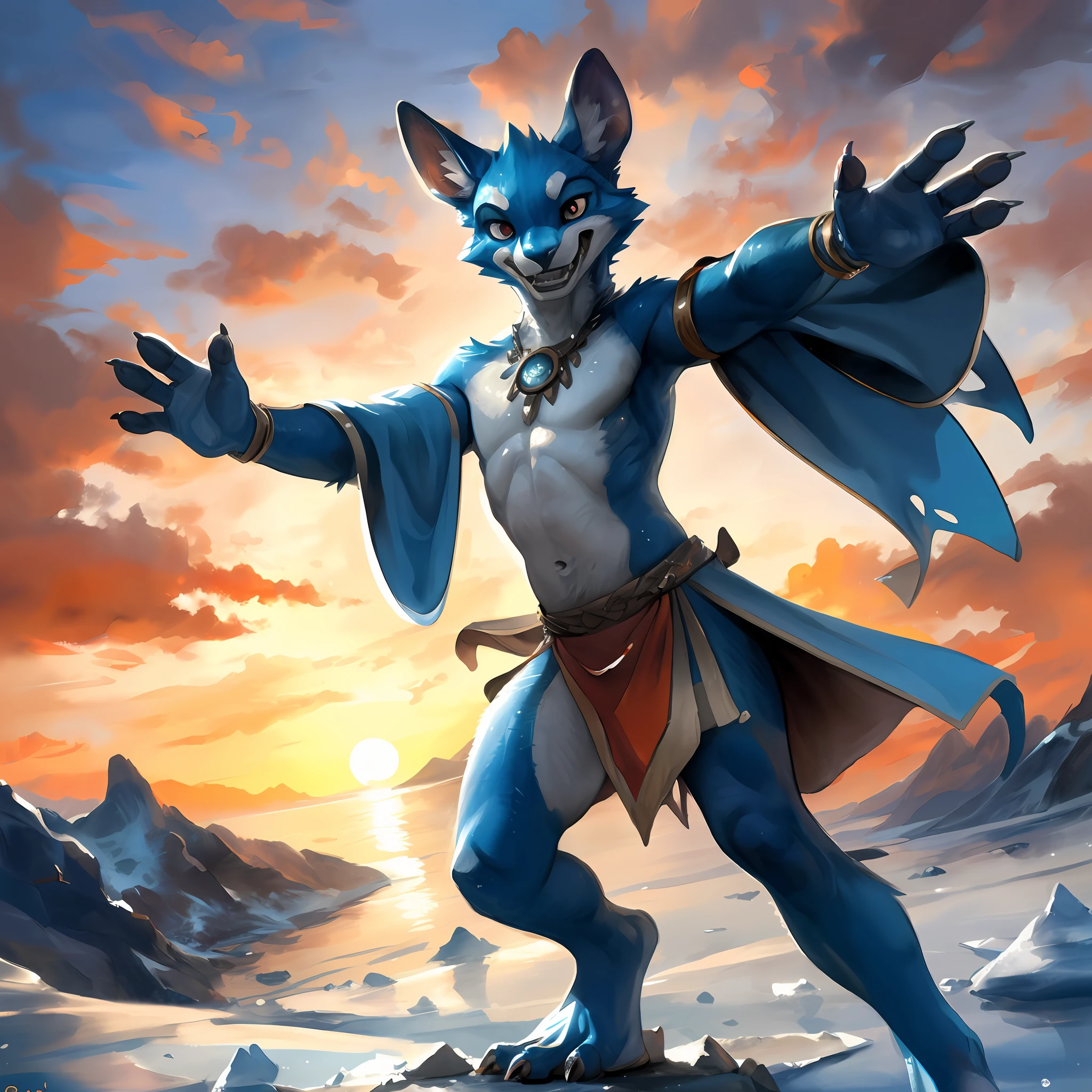 Masterpiece, High quality, absurd res, Digital painting \(artwork of a\), Solo, (komono:1.4), Male human-cat, Blue body, Ice, (waving at viewer), Smile, Sunset, loincloth, By (by Pino Daeni, (by ruaidri), Yupa, Kiyosan), Detailed background, Anime, (Dark shadows, Wide dynamic range, hdr, Low light:1.2).