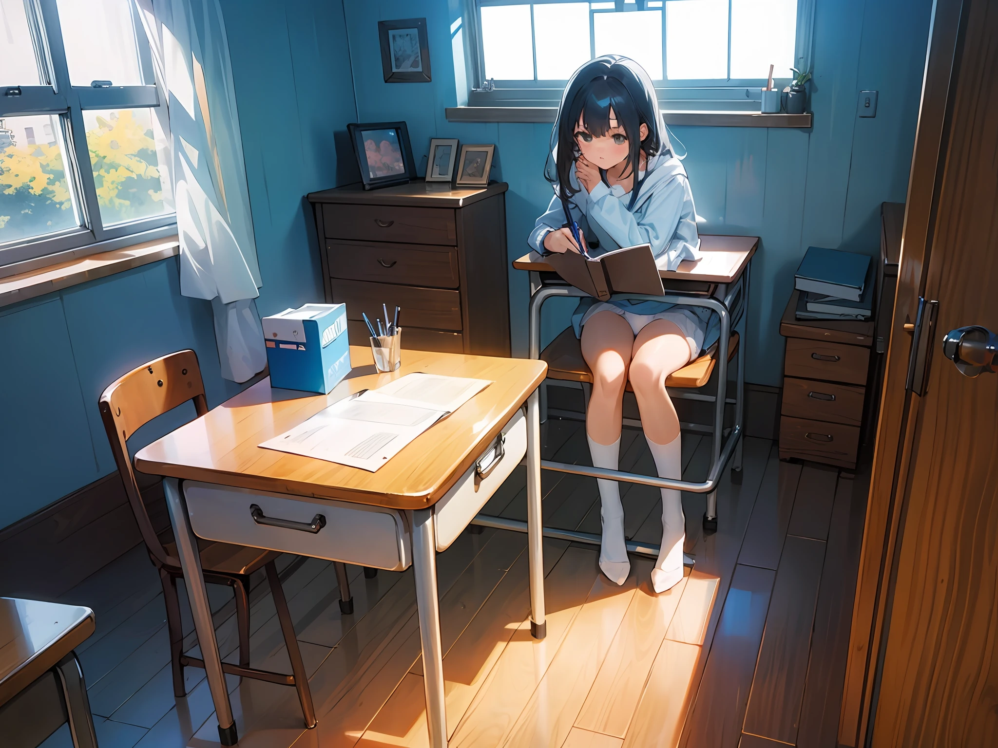 s girl,inside in room,White stockings,Blue and white underwear,desks,Write homework,photorealestic,Realiy