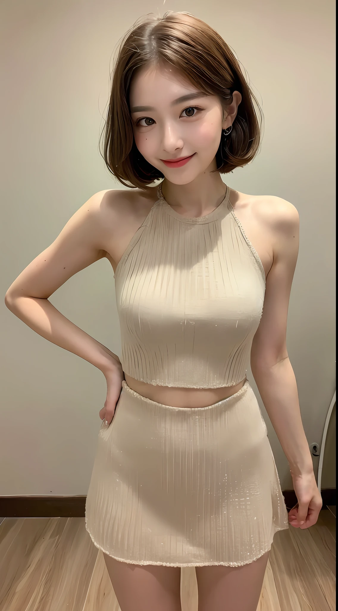 ((Best Quality, 8K, Masterpiece: 1.3)), 1 Girl, Slim Abs Beauty: 1.3, (Hairstyle Brown Hair Shortcut, Big: 1.2), Dress: 1.1, Super Slender Face, Delicate Eyes, Double Eyelids, Smile, Home, Raw Photo