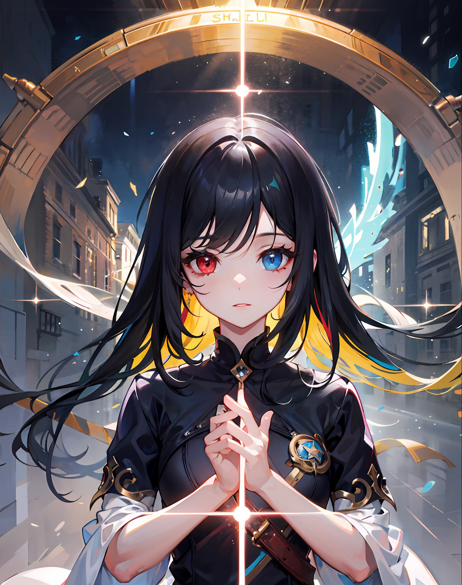 {{masterpiece}},Best quality at best,Very detailed CG unity 8k wallpaper,电影灯光,lens flare glow,beatiful detailed eyes,black in color,side looking,multicolour hair,Colorful light,particulate,Heterochromia,(a color:1.5),(The color hair:1.5),one-girl