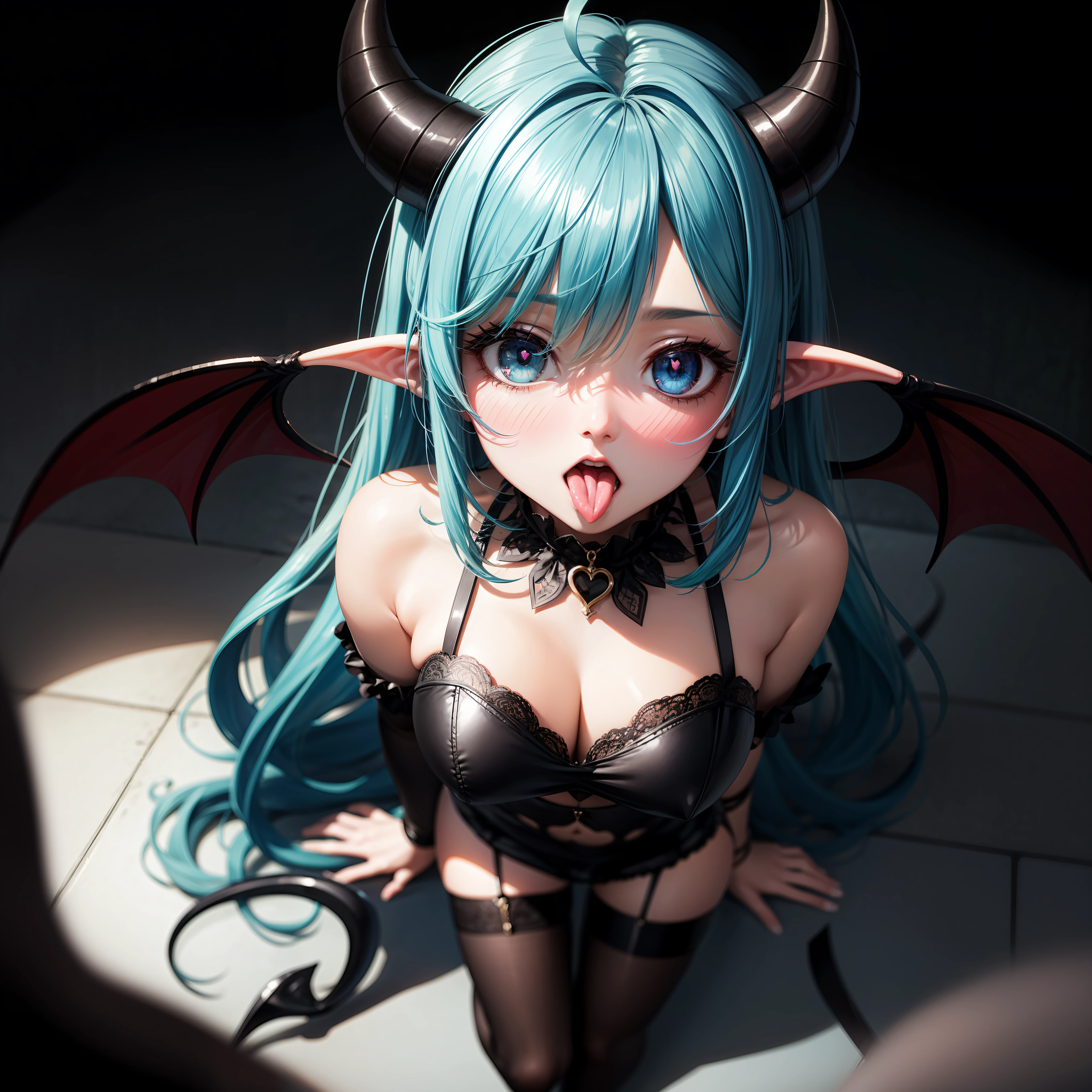 Knelt, blackstockings, A succubus, Blue hair, Horns, Open mouth, Shy, first person perspective, hyper HD, Liquid on the face, ahoge, heart-shaped pupils, blush, ear blush, torogao, oral invitation, Anime style, From above, first-person view --auto