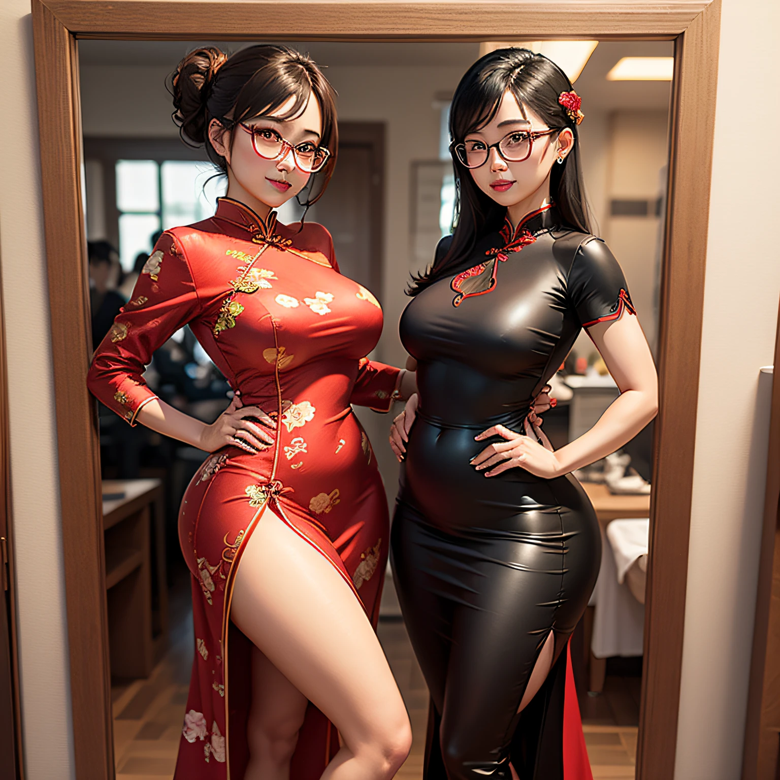 Red cheongsam，Plump body，Glasses with metal frame --auto