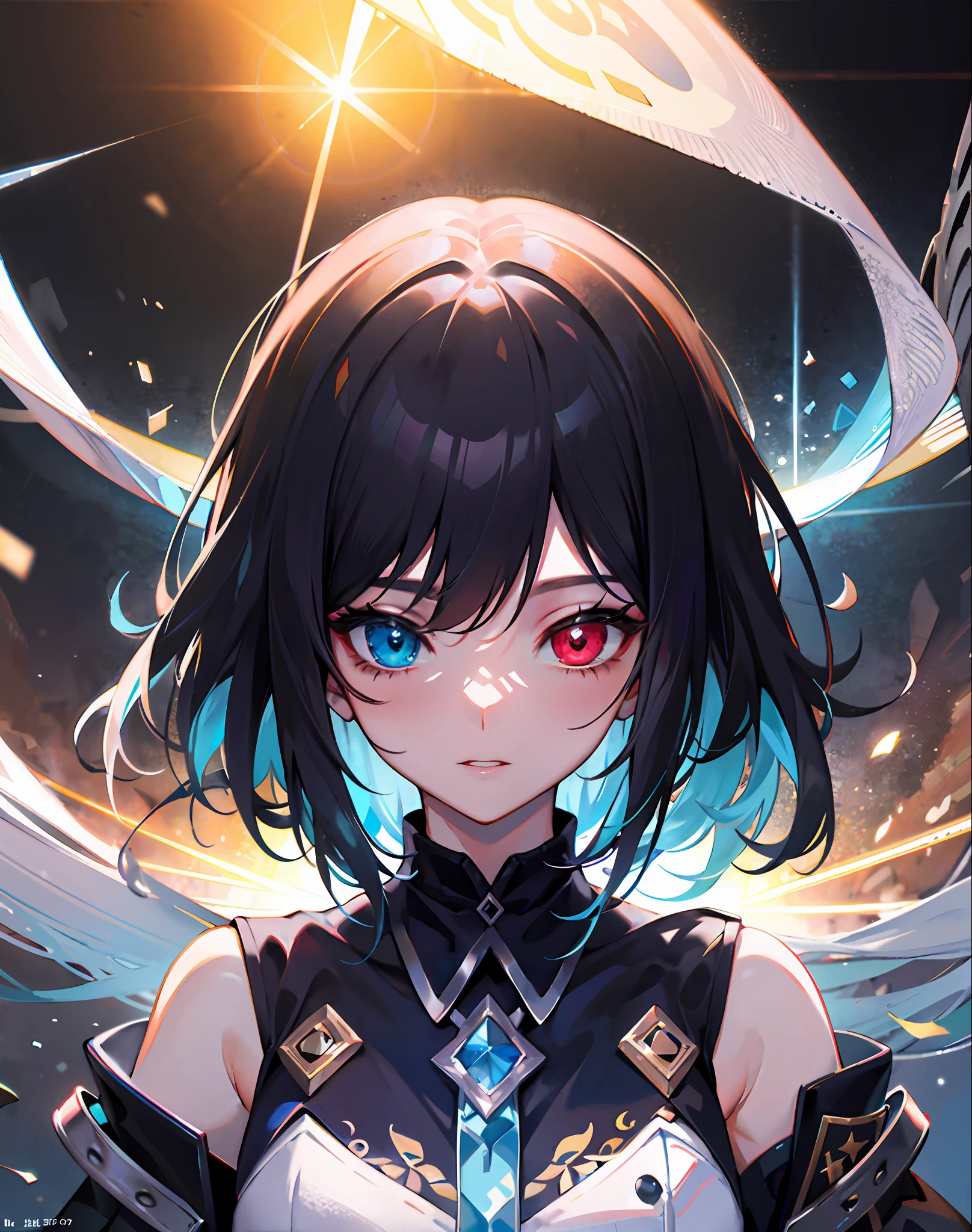 {{Masterpiece}},Best quality at best,Very detailed CG unity 8K wallpaper,电影灯光,lens flare glow,beatiful detailed eyes,black in color,side looking,multicolour hair,Colorful light,particulate,Heterochromia,(a color:1.5),(The color hair:1.5)