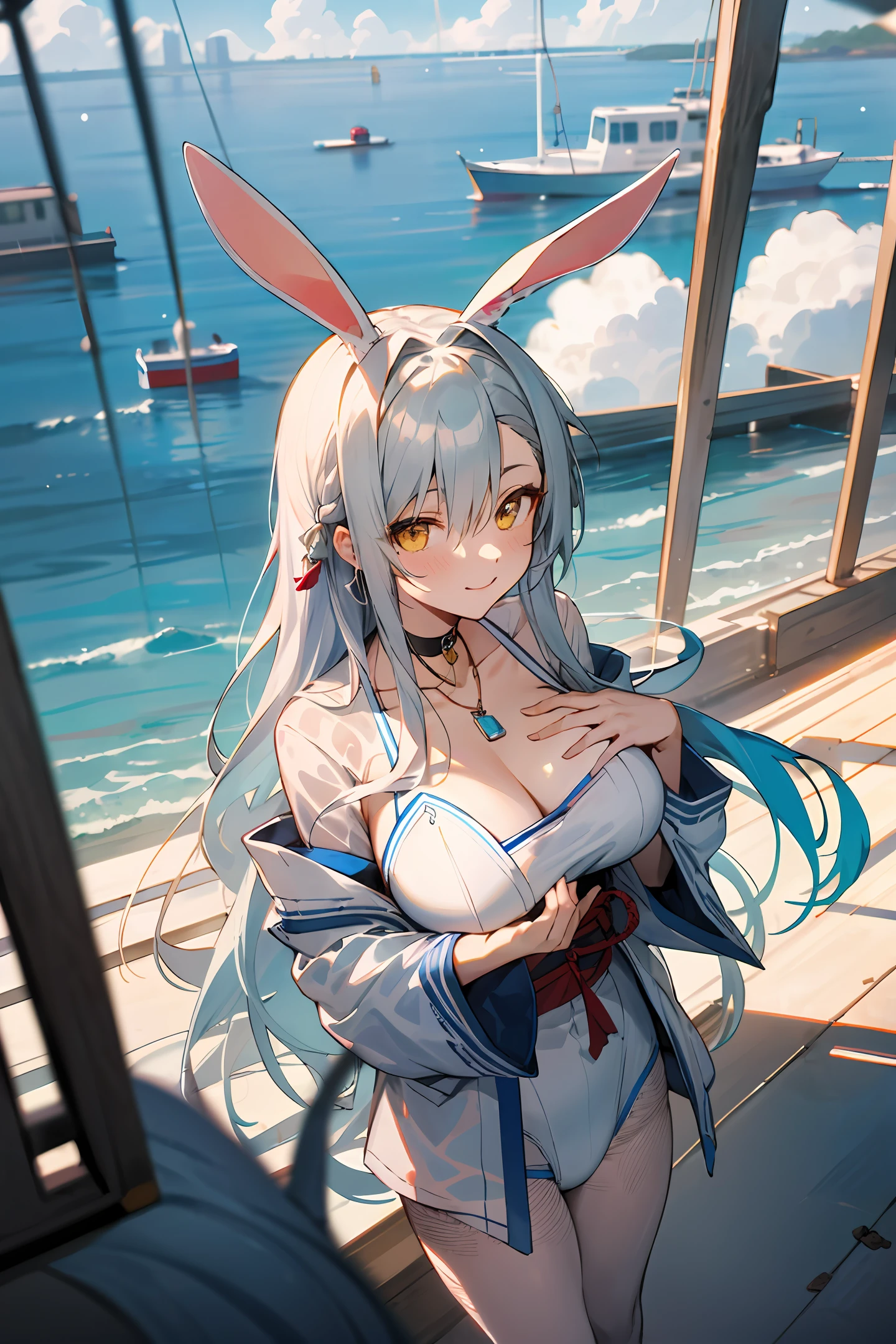 Blank\(Japanese post),a playboy bunny,Rabbit ears,lacepantyhose,fishnet stockings,white straitjacket,long white hair,Yellow eyes,fishing nets,tiese,
(huge tit:1.2,The upper part of the body,from the above,Carmelto,)white panties, Asuna
jewelry,hands on the chest,ssee-through,looking at viewert,hair adornments,choker necklace,is shy,ssmile,
(tmasterpiece,top-quality,best qualityer,offcial art,Beauty and aesthetics:1.2),(1个Giant Breast Girl),extremedetailed,rich colourful,highest details,
城市,the street, tilt, muri, suns, Clouds,