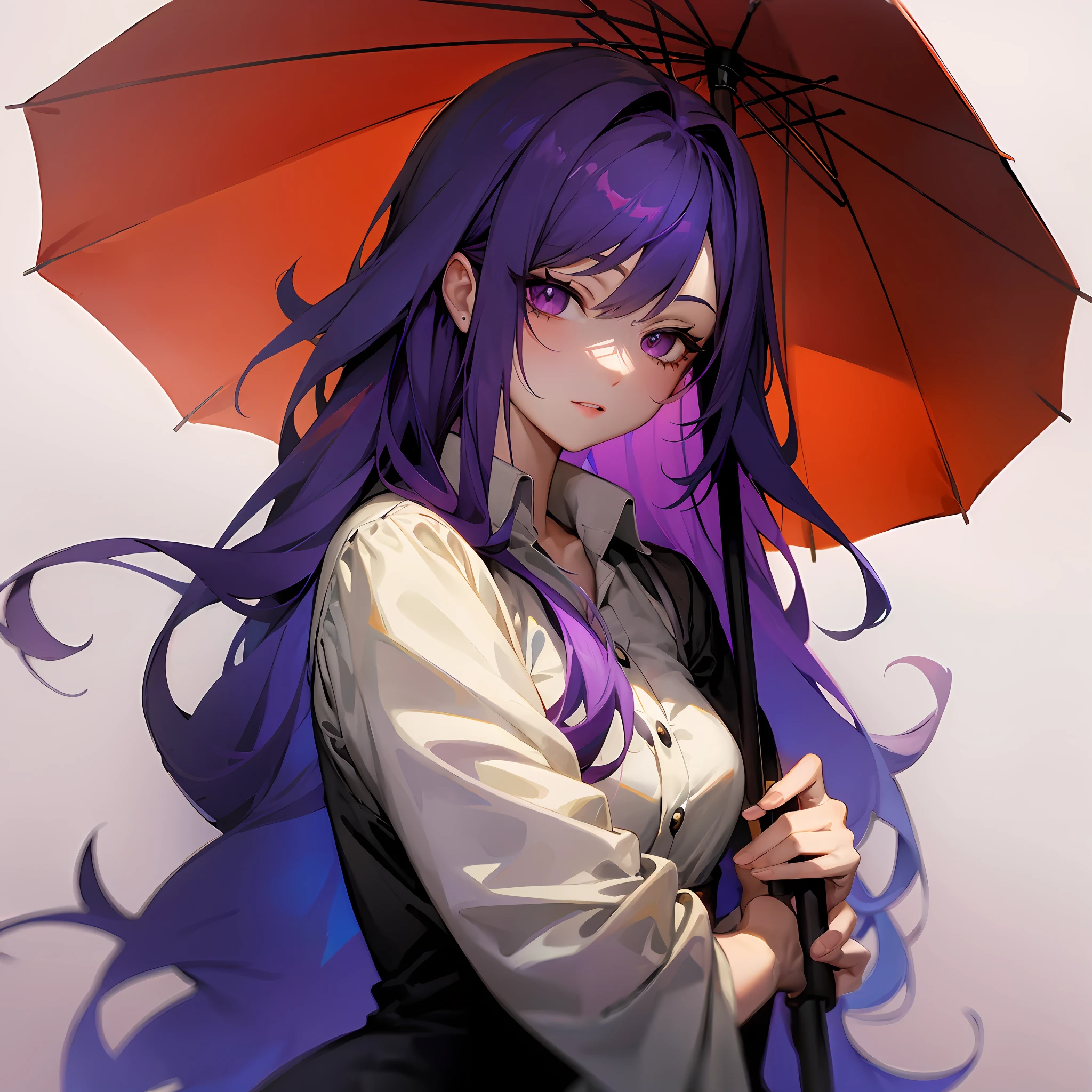 Anime girl with purple hair holding umbrella in front of white background, anime moe art style, ilya kuvshinov with long hair, Marin Kitagawa fanart, Misato Katsuragi, High Quality Anime Art Style, (Anime girl), beautiful anime art style, Anime girl with long hair, anime style like fate/stay night, Ayaka Genshin impact