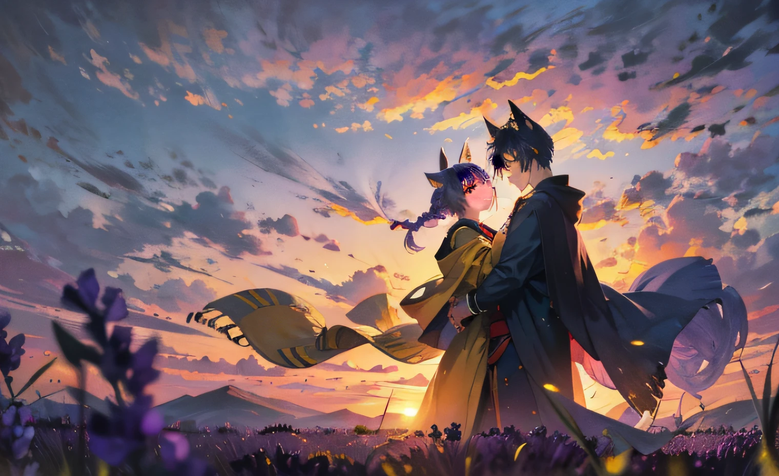 the setting sun, lavanda fields, hugs, Rolling peaks, Two people, a young man and a woman, Twist braids, large tail, Cloak, Battle damage, Wolf ears, Yellow eyes, Purple hair, fang out, Happy, Wide shot, Anime, Masterpiece, Best quality