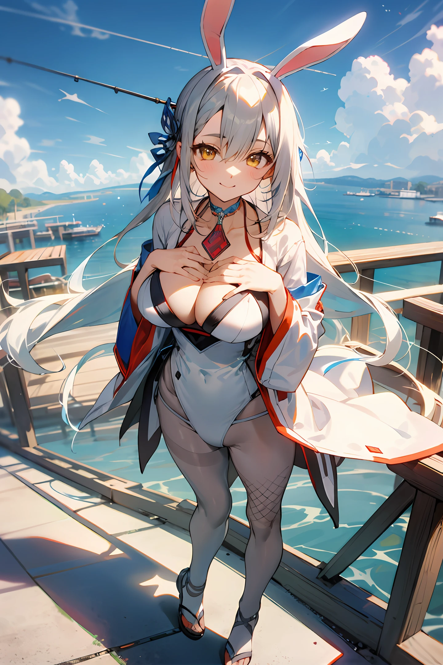 Blank\(Japanese post),a playboy bunny,Rabbit ears,lacepantyhose,fishnet stockings,white straitjacket,long white hair,Yellow eyes,fishing nets,tiese,
(huge tit:1.2,The upper part of the body,from the above,Carmelto,)white panties, Asuna
jewelry,hands on the chest,ssee-through,looking at viewert,hair adornments,choker necklace,is shy,ssmile,
(tmasterpiece,top-quality,best qualityer,offcial art,Beauty and aesthetics:1.2),(1个Giant Breast Girl),extremedetailed,rich colourful,highest details,
城市,the street, tilt, muri, suns, Clouds,