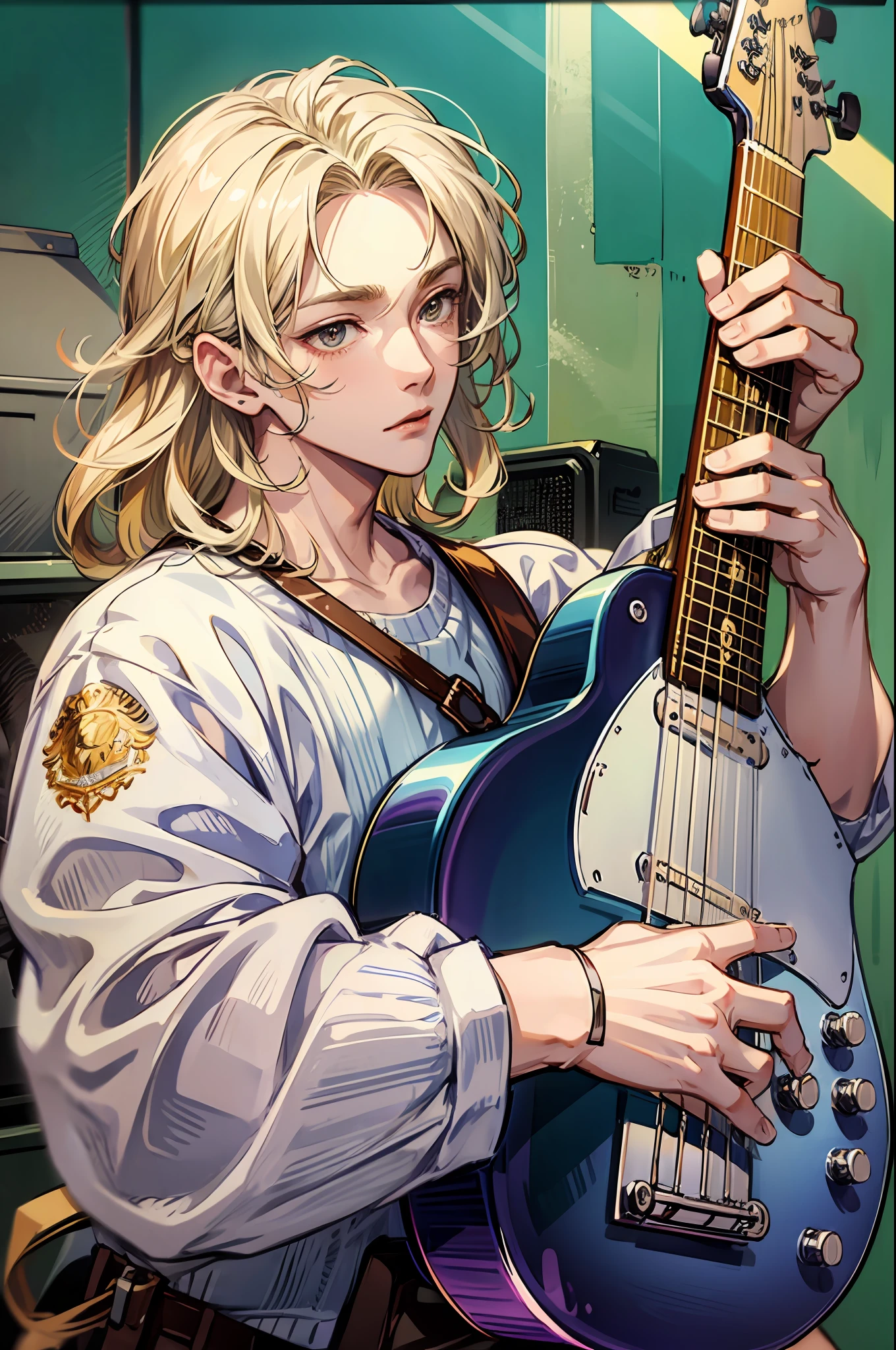 1 boy, shoulder length blond hair, white skin, electric guitar