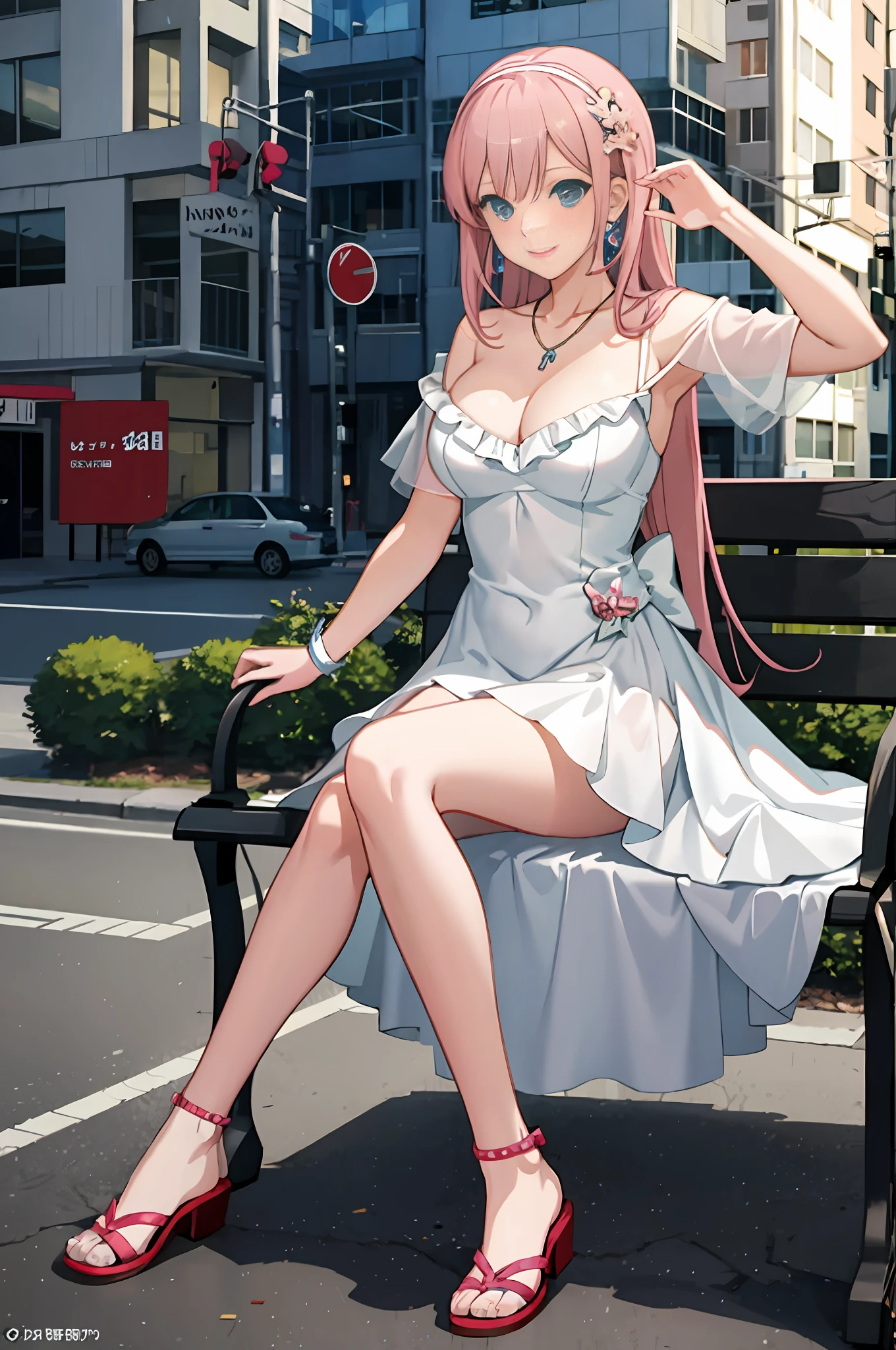 Anime girl sitting on bench in white dress wearing necklace, seductive anime girls, beautiful and seductive anime woman, Smooth anime CG art, cute anime waifu in a nice dress, Beautiful anime girl, attractive anime girls, Beautiful anime woman,  in dress, cleavage, Detailed digital anime art, Anime goddess, cute elegant pose, [ 4 K digital art ]!!