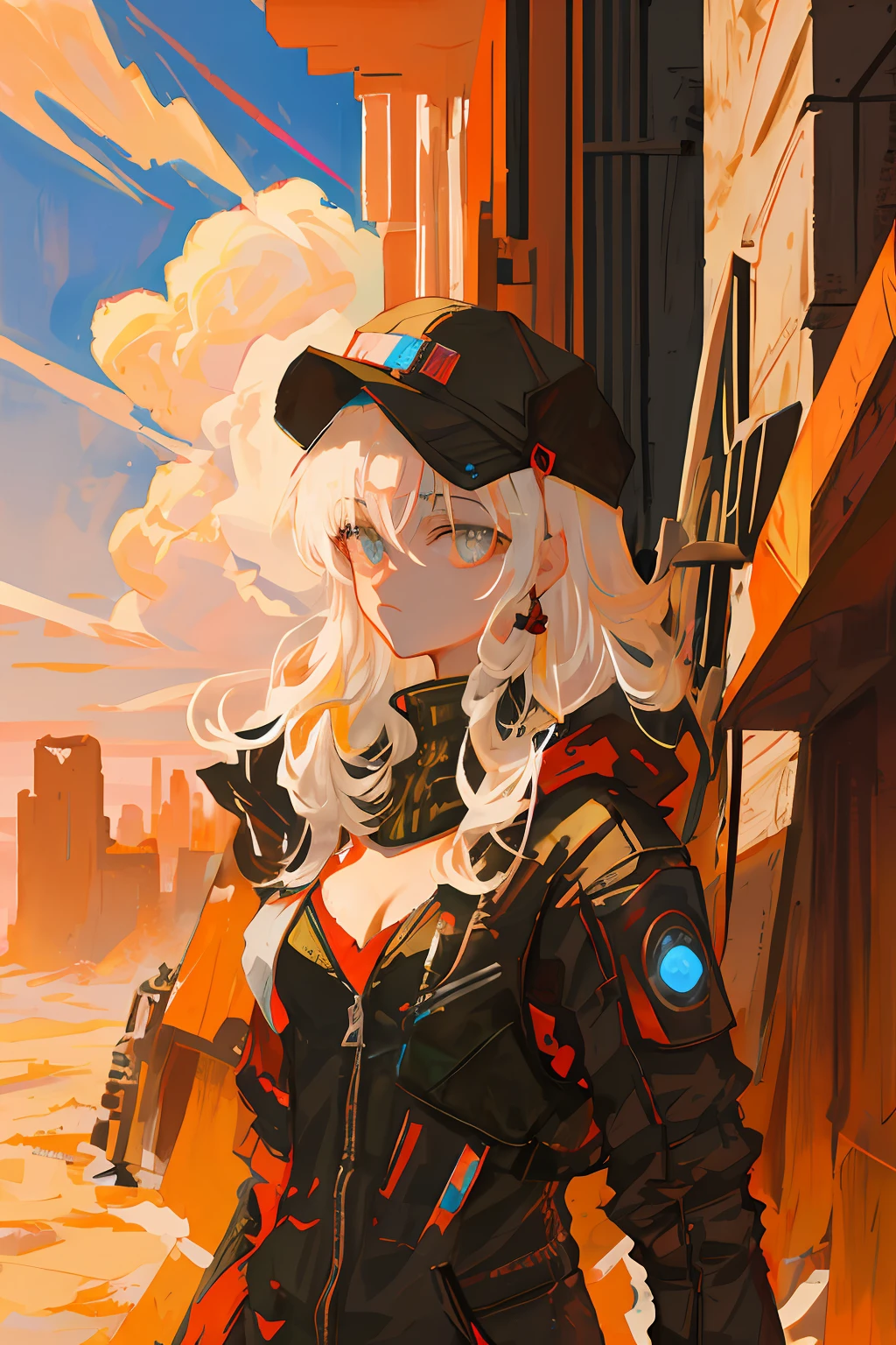 Masterpiece, Best quality, Super detailed, illustration, closeup cleavage, direct, Robot girl with beautiful eyes, Cyberpunk, robot, Desert, city ruins, Cold face, (view the viewer), light white hair, Dusk, Solar clouds, Beautiful eyes