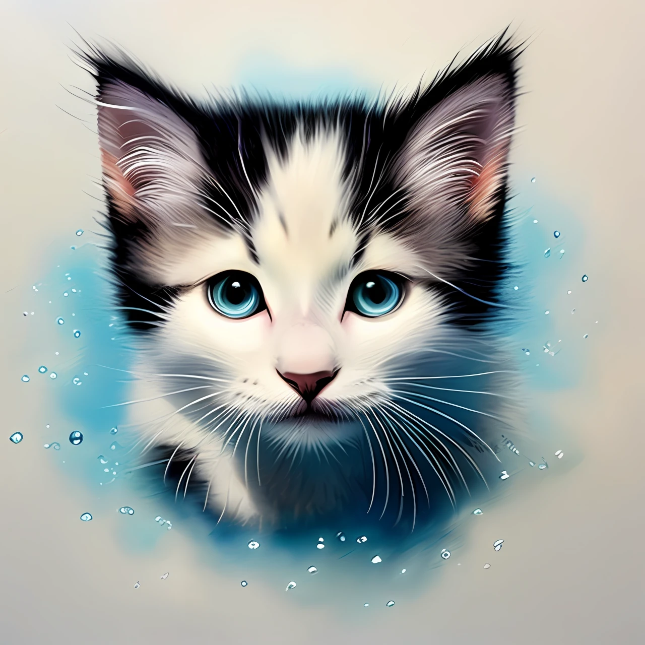 A small white kitten swimming underwater,eyebrows very,ssmile,Fantasy in the style of Katsuhiro Otomo,Rendering style in realistic hyper-detail,Yellow blue,Ultra-realistic oil painting,Close-up of the head,Exaggerated perspective,Tyndall effect water droplets,blanche