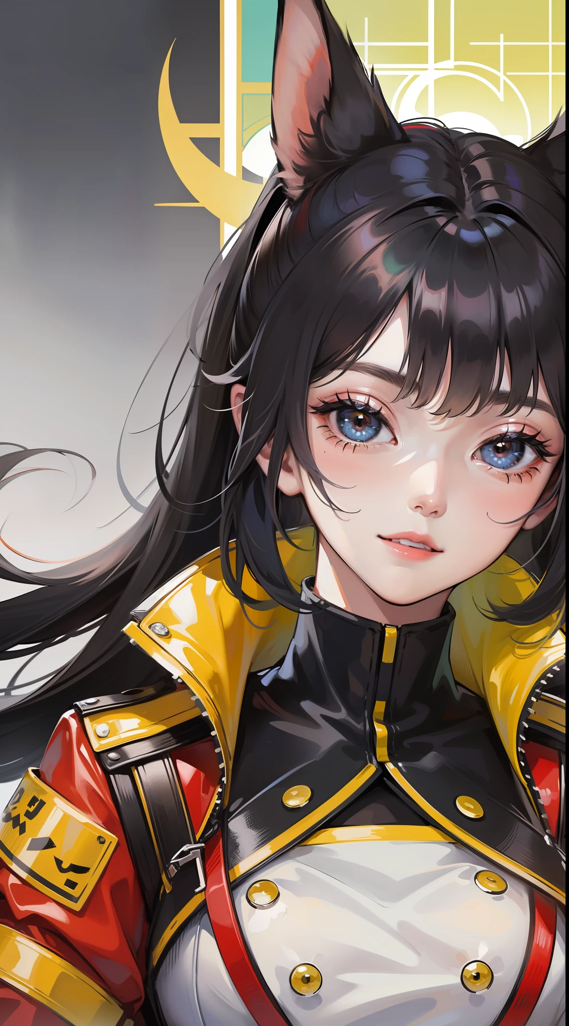 Adult woman, Long black hair, high ponytail, Fox ears, Foxtail, The left eye is yellow, Red right eye, Combat uniform, ssmile, Masterpiece, hiquality