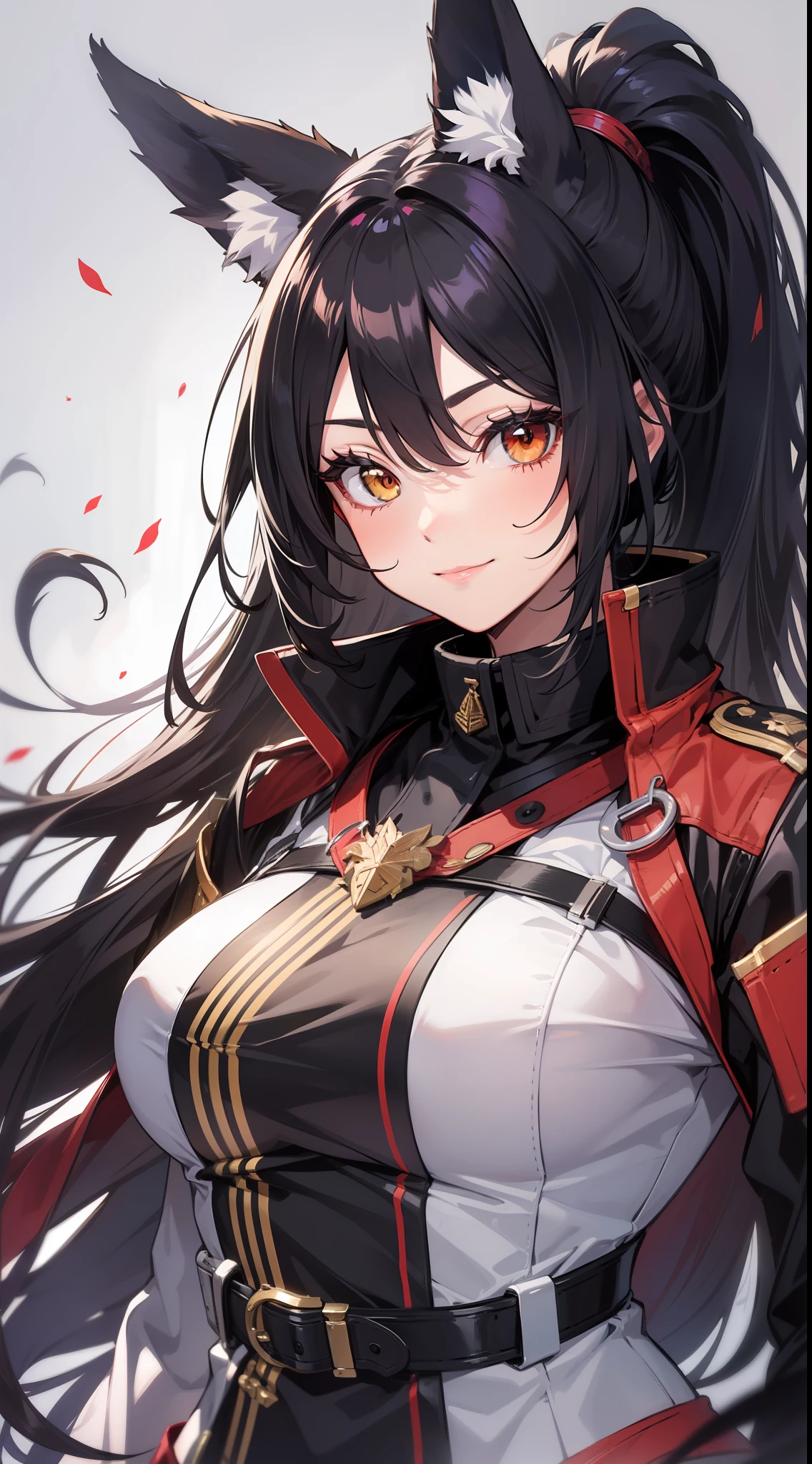 Adult woman, Long black hair, high ponytail, Fox ears, Foxtail, The left eye is yellow, Red right eye, Combat uniform, ssmile, Masterpiece, hiquality