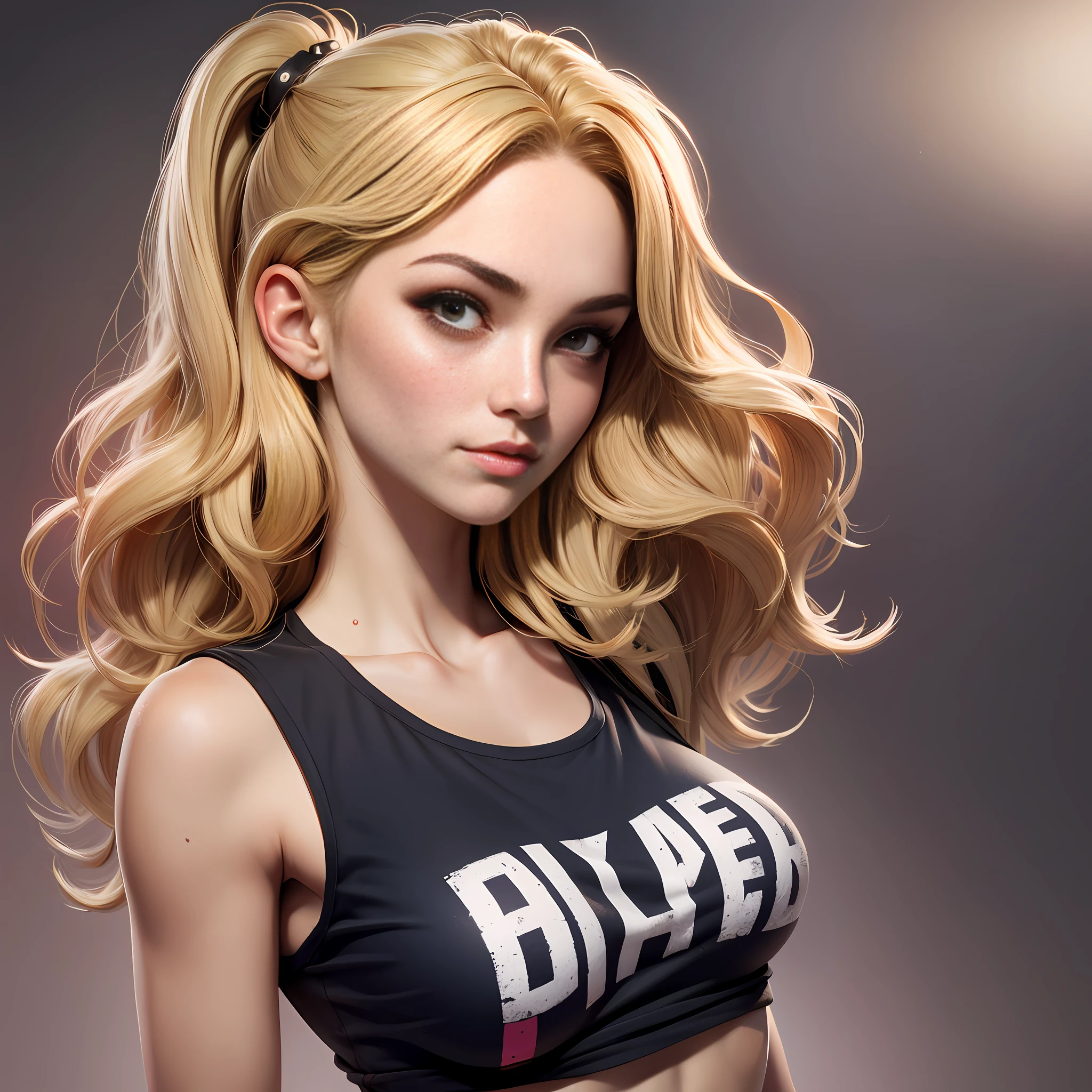 (1girl), medium breasts, tan, dewy skin, sweaty skin, wavy blonde hair, punk tshirt, punk girl