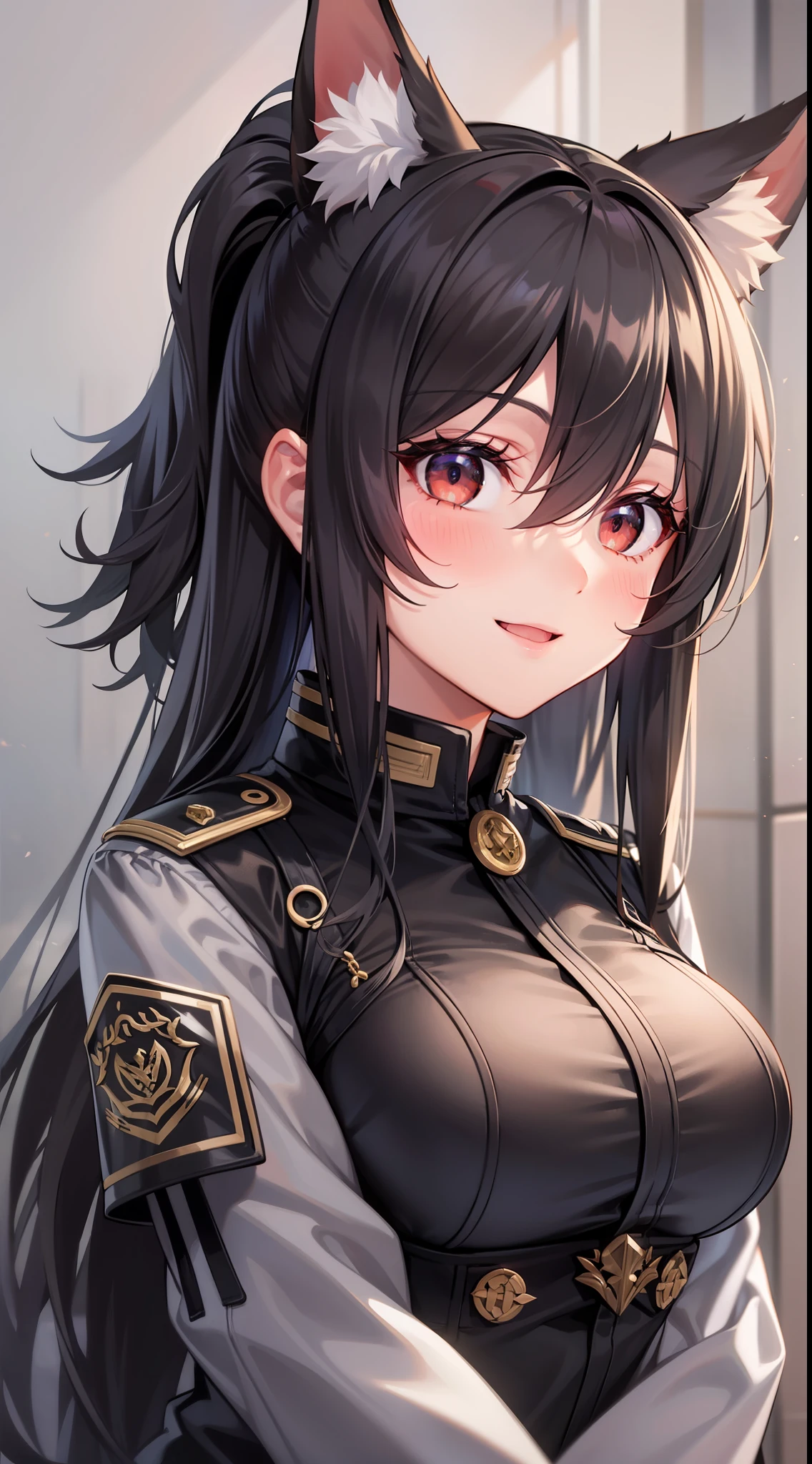Adult woman, Long black hair, high ponytail, Fox ears, Foxtail, The left eye is yellow, Red right eye, Combat uniform, ssmile, Masterpiece, hiquality
